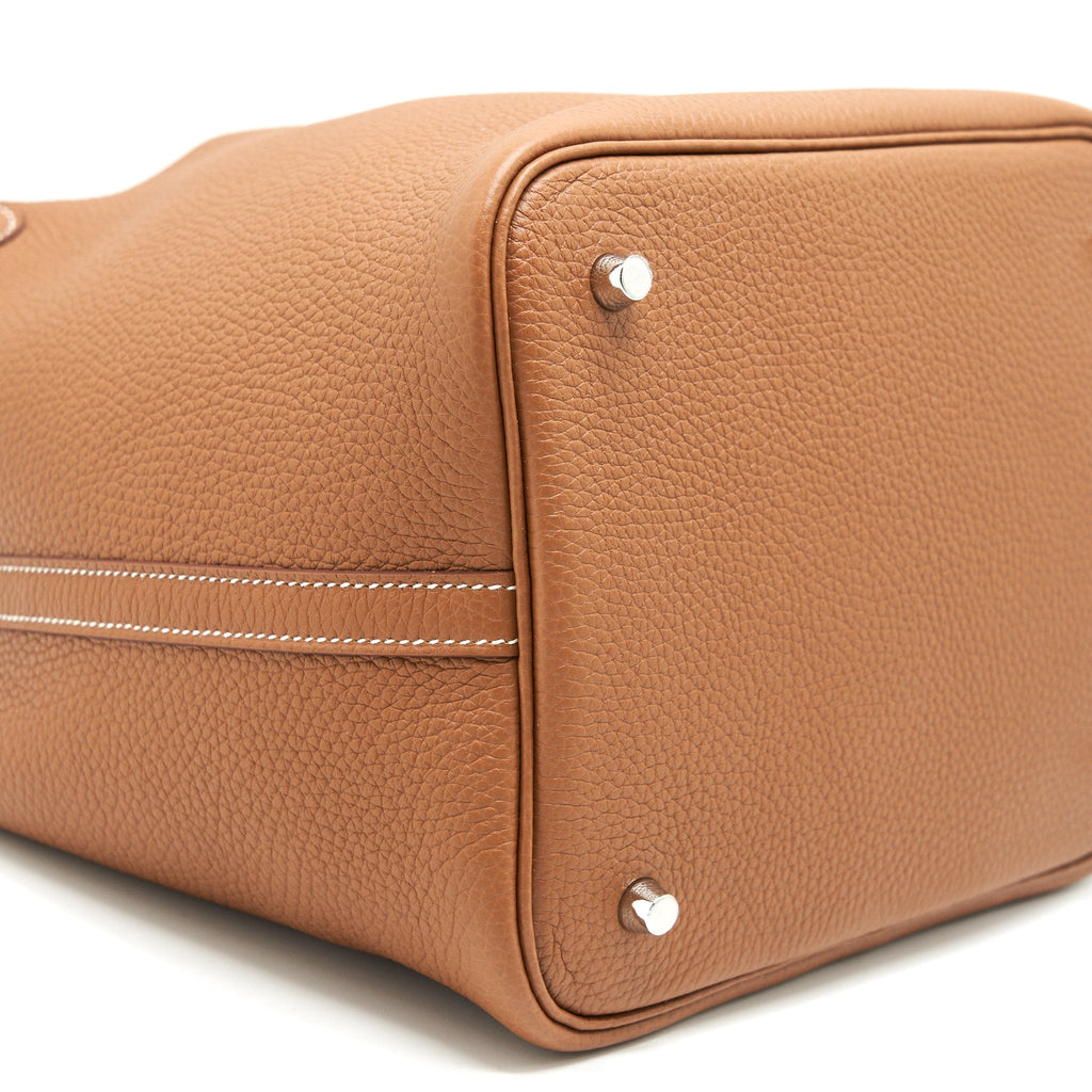 HERMES PICOTIN 22 LOCK BAG GOLD WITH BLUE BRUME HANDLE SHW