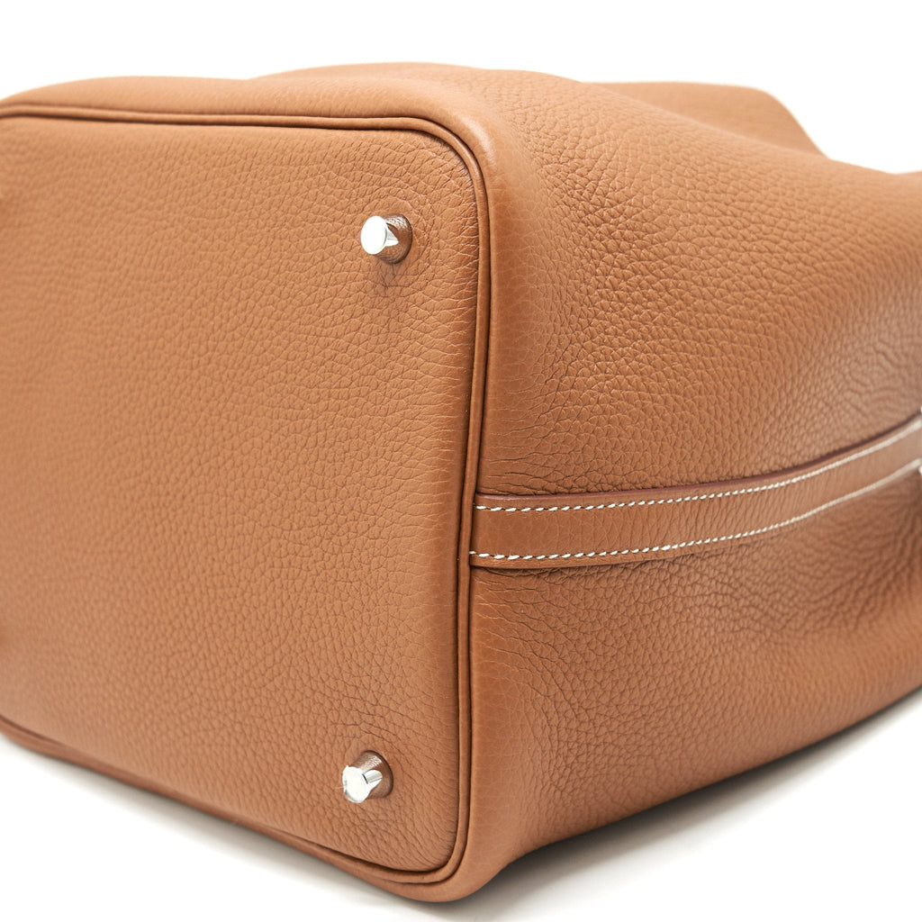 HERMES PICOTIN 22 LOCK BAG GOLD WITH BLUE BRUME HANDLE SHW