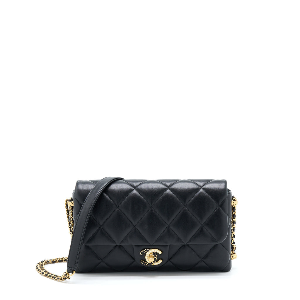 CHANEL 21A QUILTED DETAILED LOGO FLAP BAG LAMBSKIN BLACK GHW (MICROCHIP)
