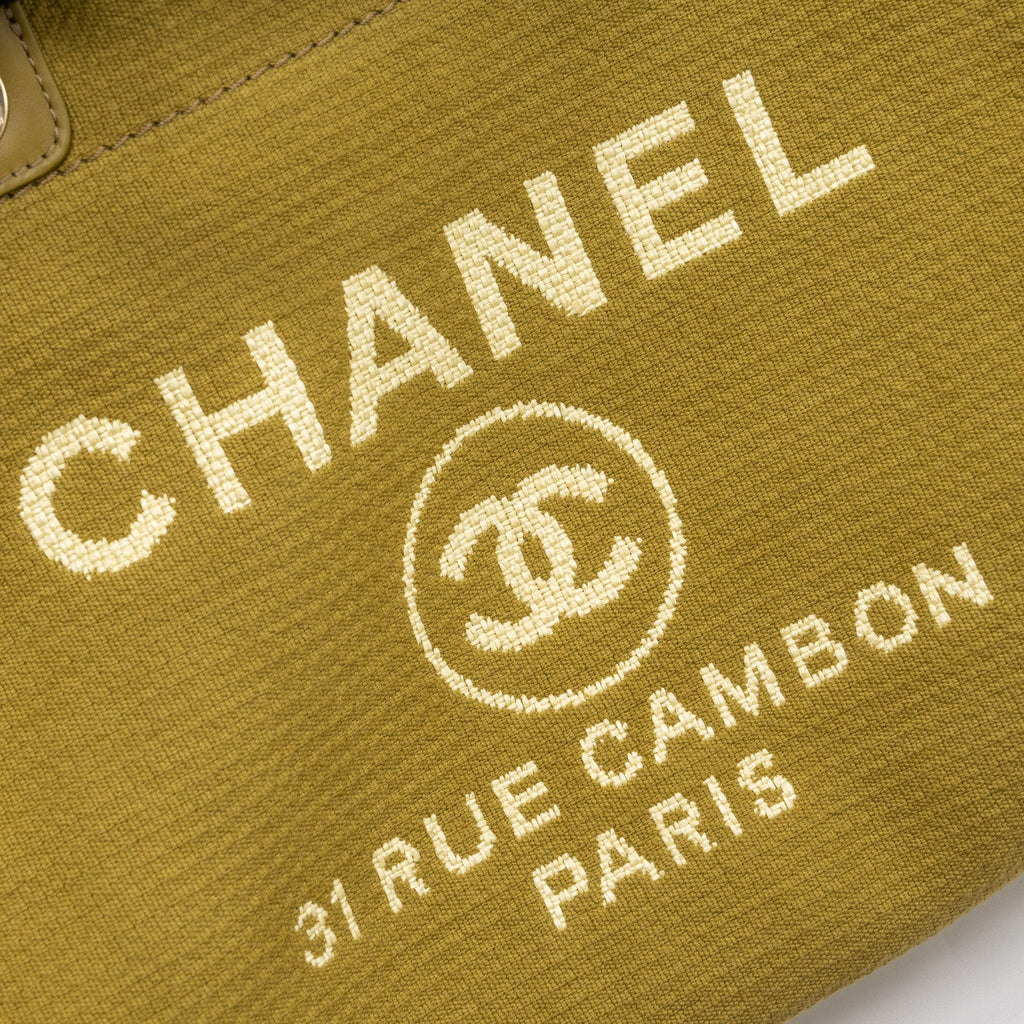 CHANEL DEAUVILLE TOTE BAG CANVAS OLIVE GREEN LGHW (MICROCHIP)