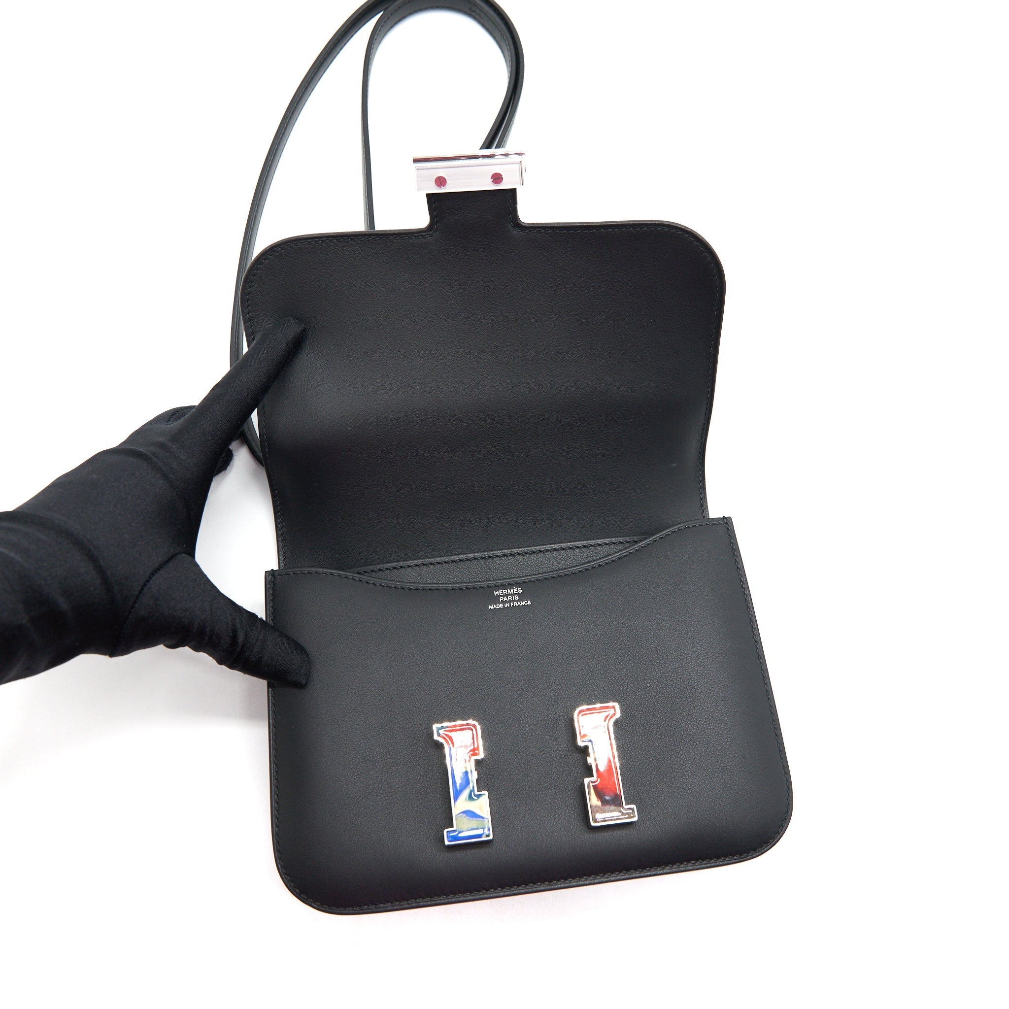 HERMES MINI CONSTANCE BLACK WITH MULTICOLOR BUCKLE SHW SWIFT LEATHER