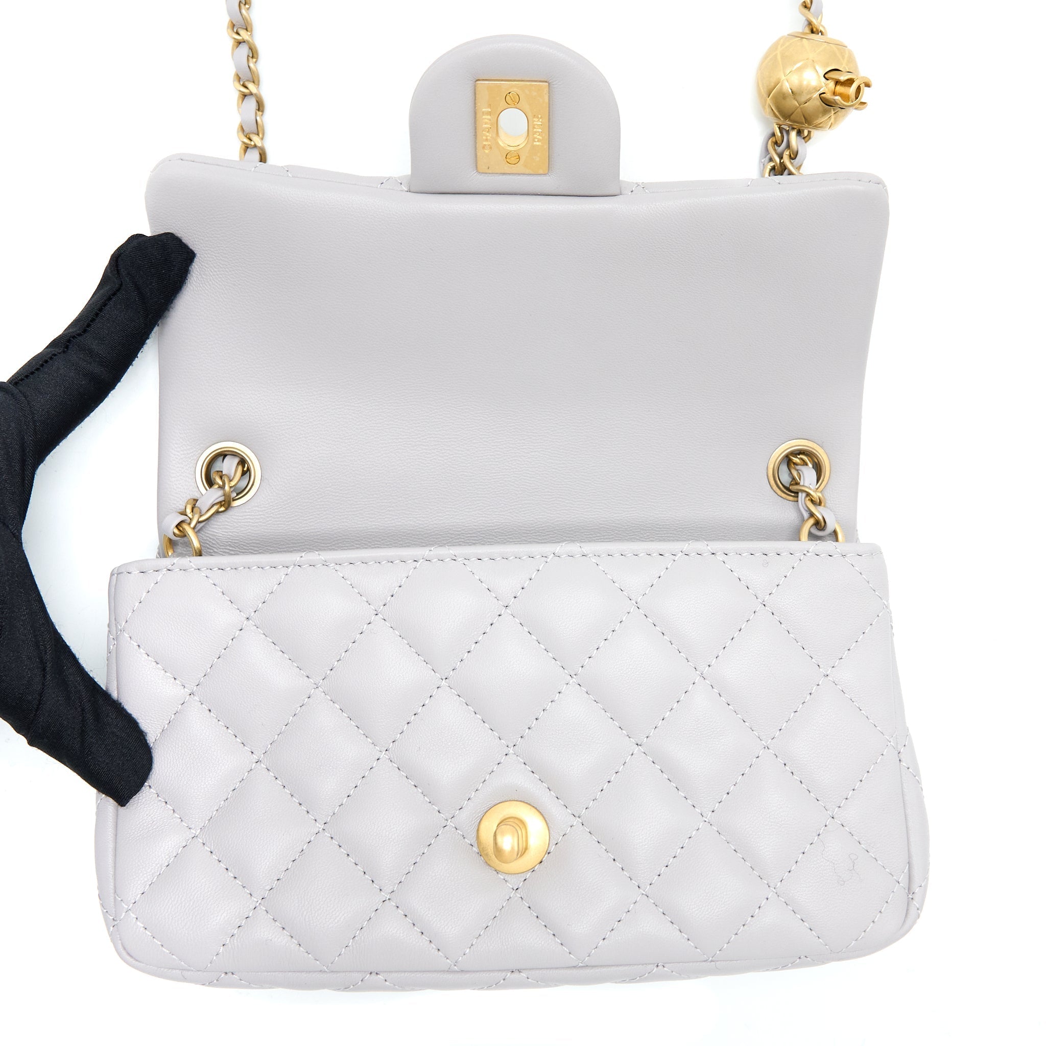 CHANEL PEARL CRUSH MINI RECTANGULAR LAMBSKIN GREY BRUSHED GHW(MICROCHIP)