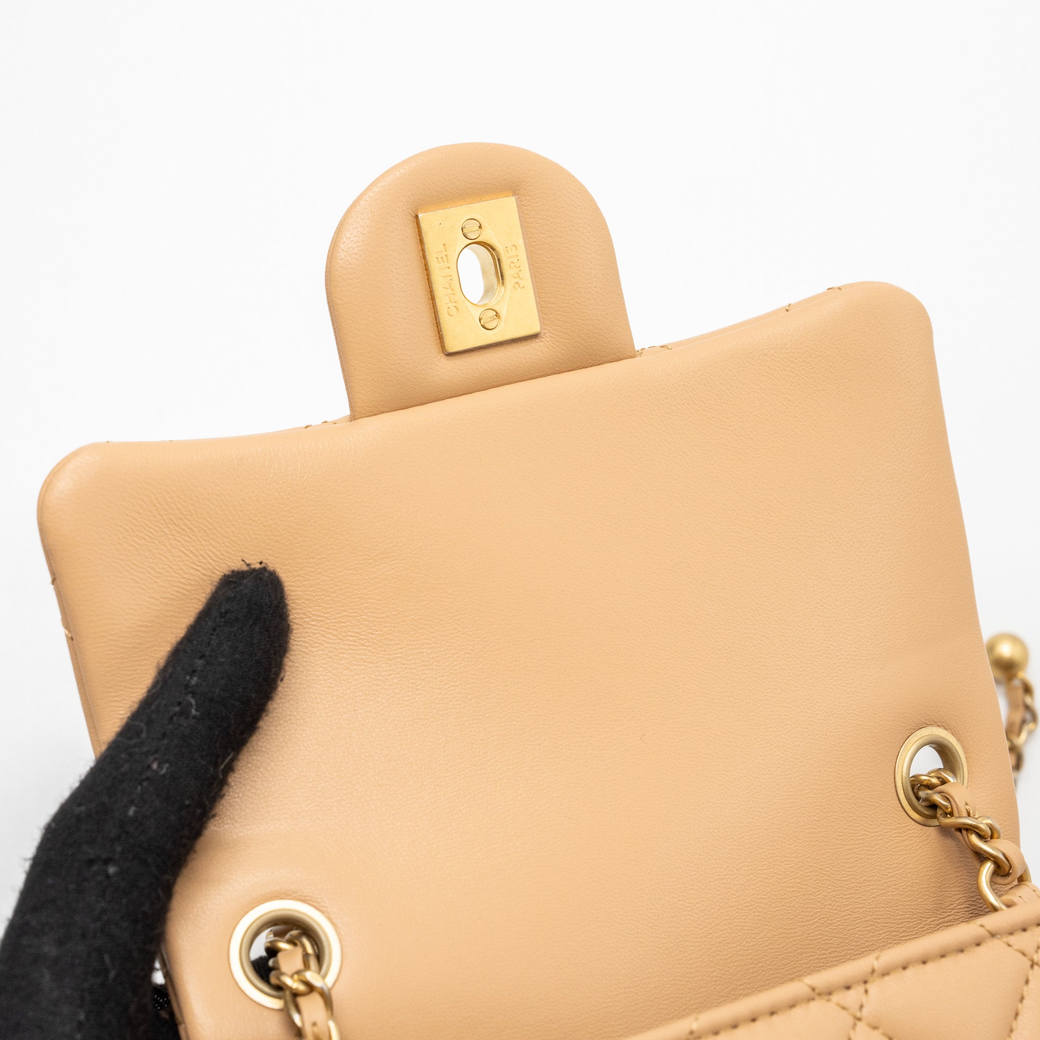 CHANEL 23K PEARL CRUSH MINI SQUARE FLAP BAG LAMBSKIN BEIGE GHW (MICROCHIP)