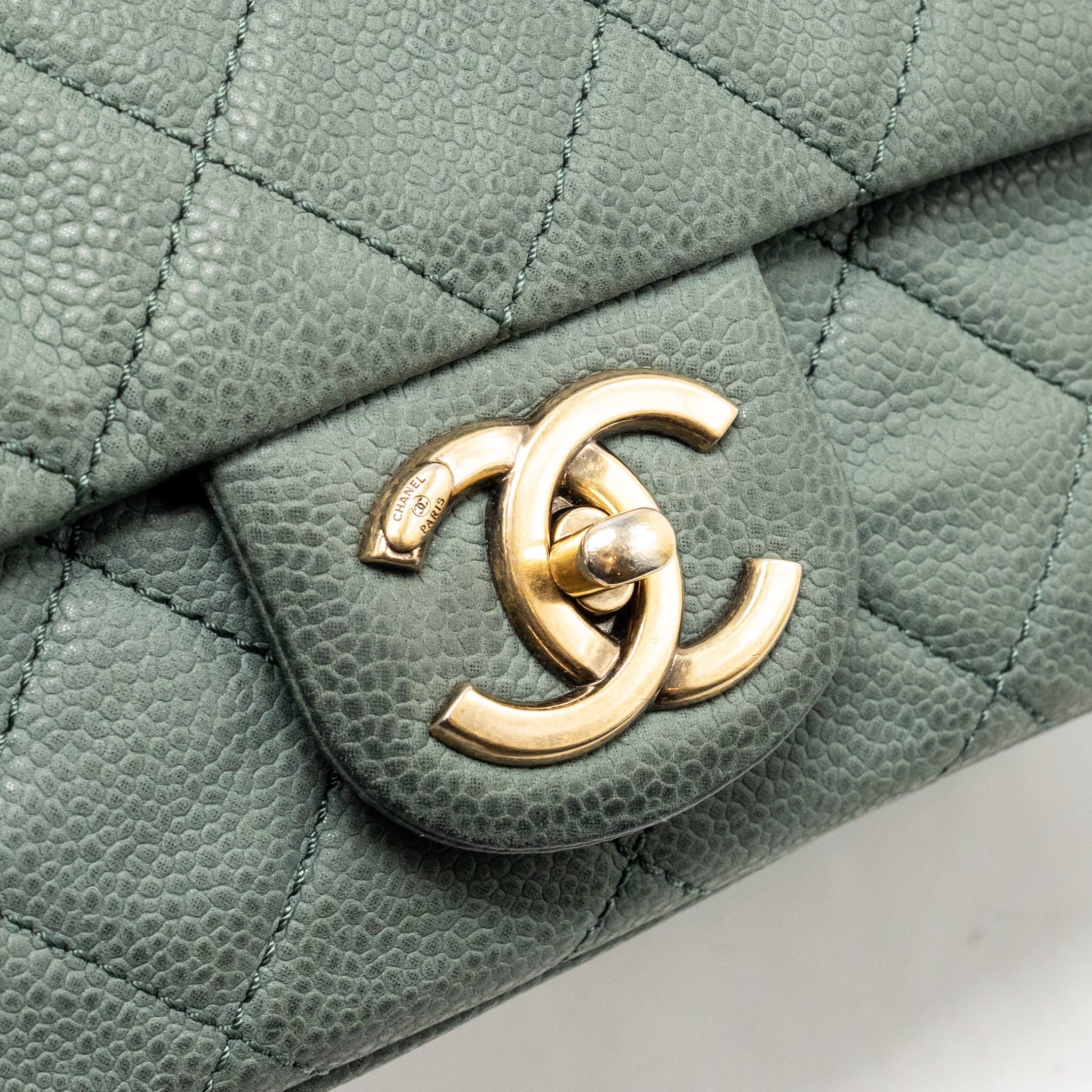 CHANEL TOP HANDLE FLAP SHOULDER BAG WITH CHAIN CAVIAR DARK GREEN GHW