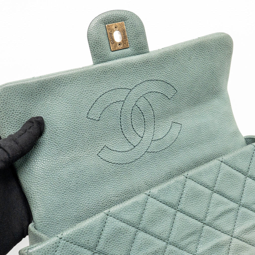 CHANEL TOP HANDLE FLAP SHOULDER BAG WITH CHAIN CAVIAR DARK GREEN GHW