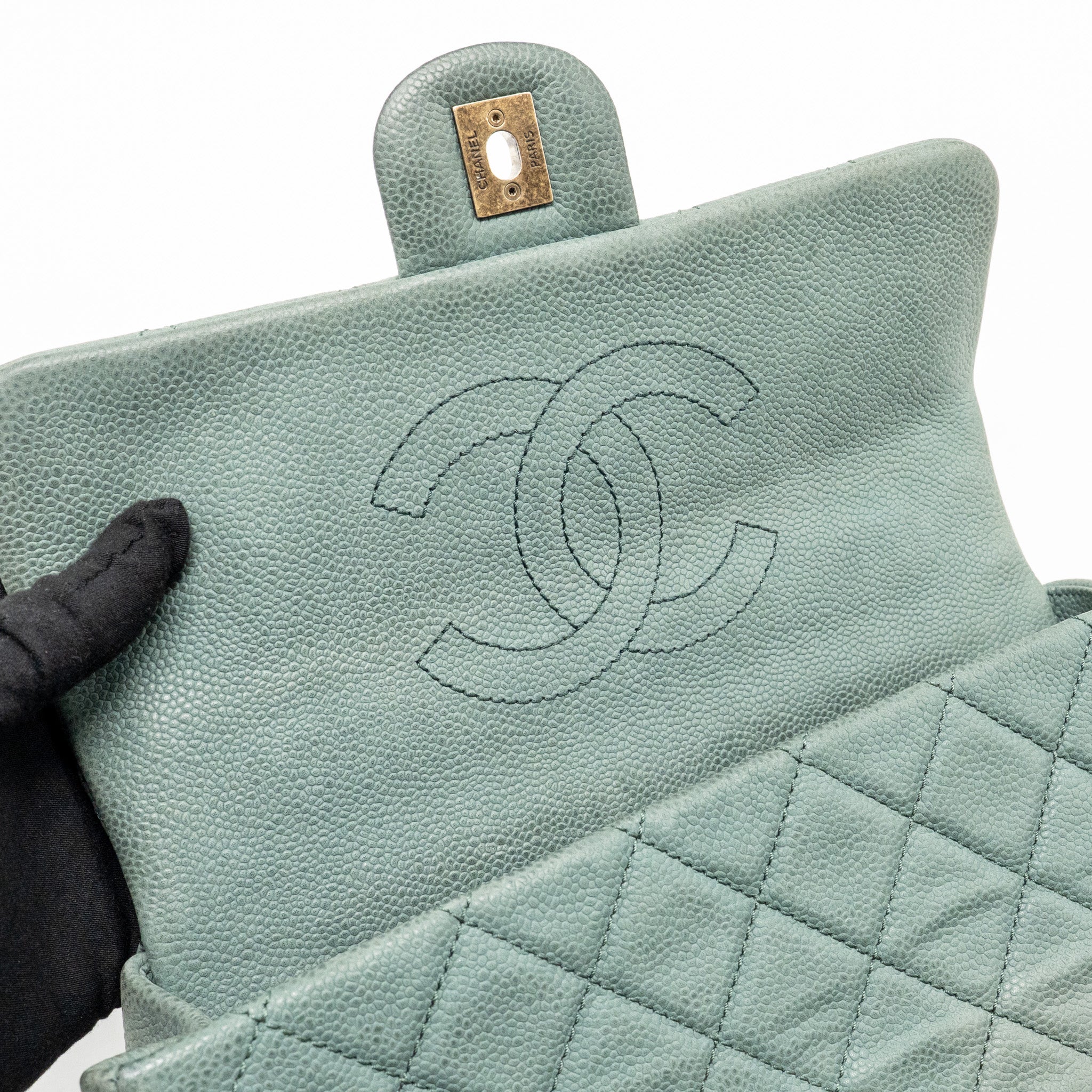 CHANEL TOP HANDLE FLAP SHOULDER BAG WITH CHAIN CAVIAR DARK GREEN GHW