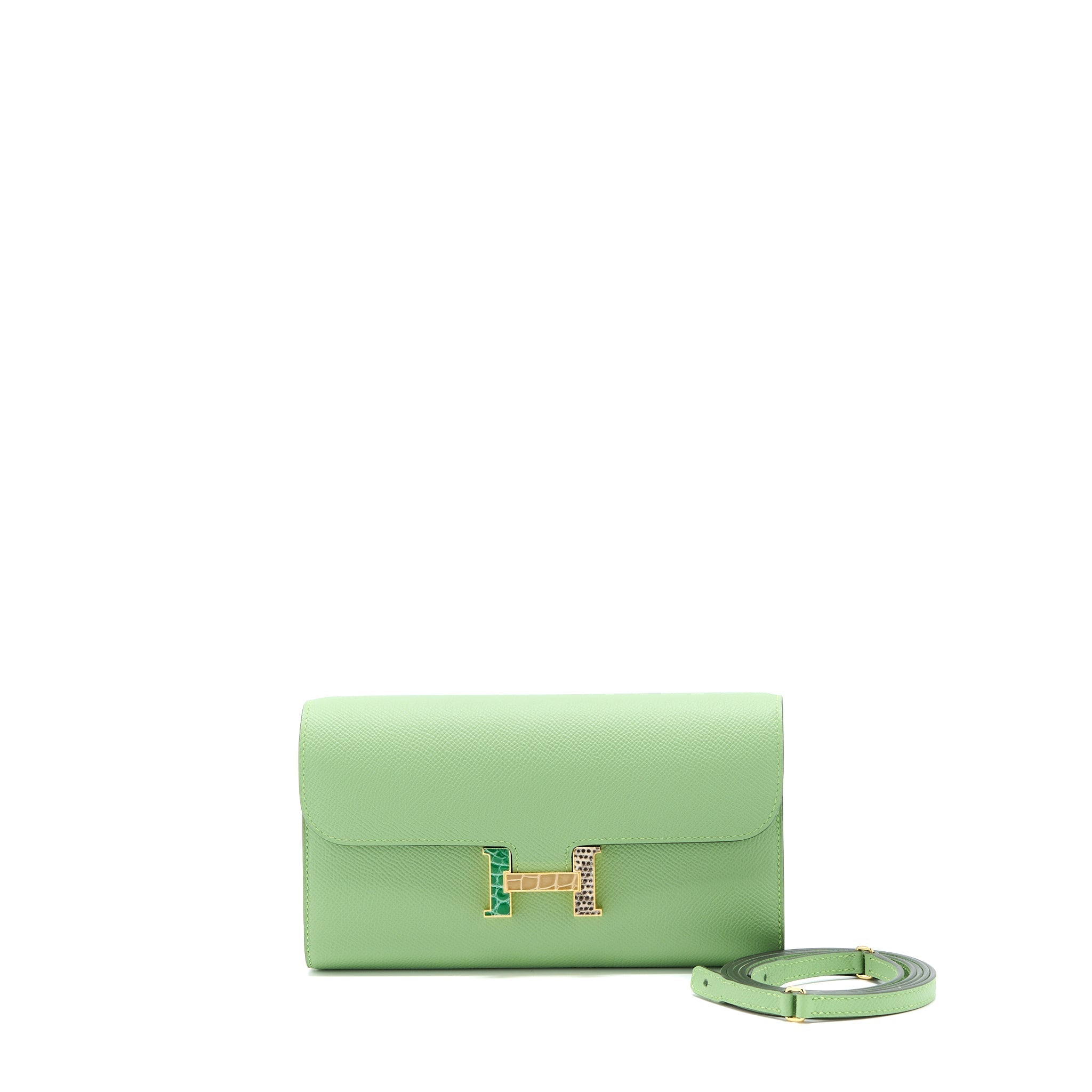 HERMES CONSTANCE TO GO EPSOM VERT CRIQUET WITH ALLIGATOR MULTICOLOUR BUCKLE GHW