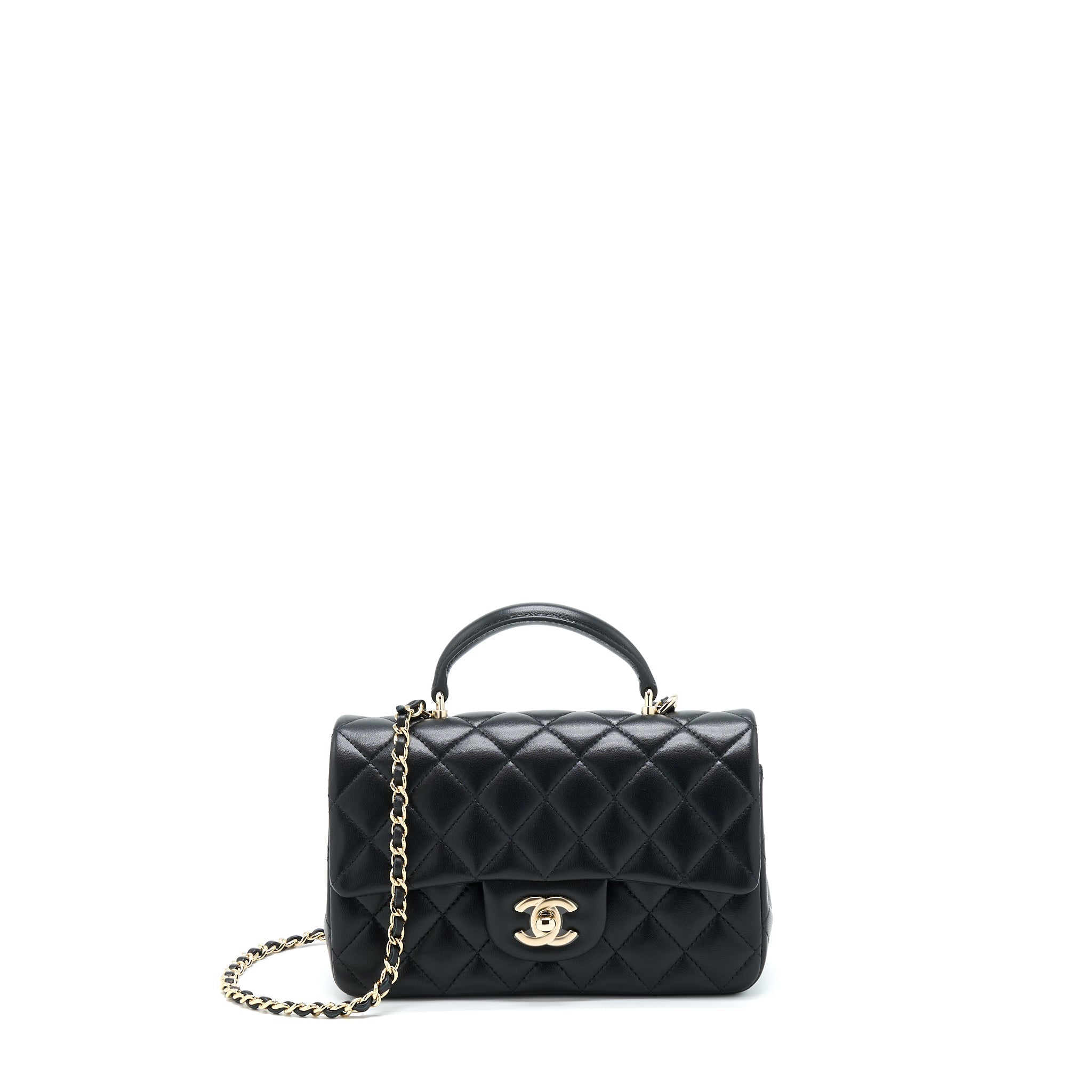 CHANEL 22A TOP HANDLE MINI RECTANGULAR FLAP BAG LAMBSKIN BLACK GHW (MICROCHIP)