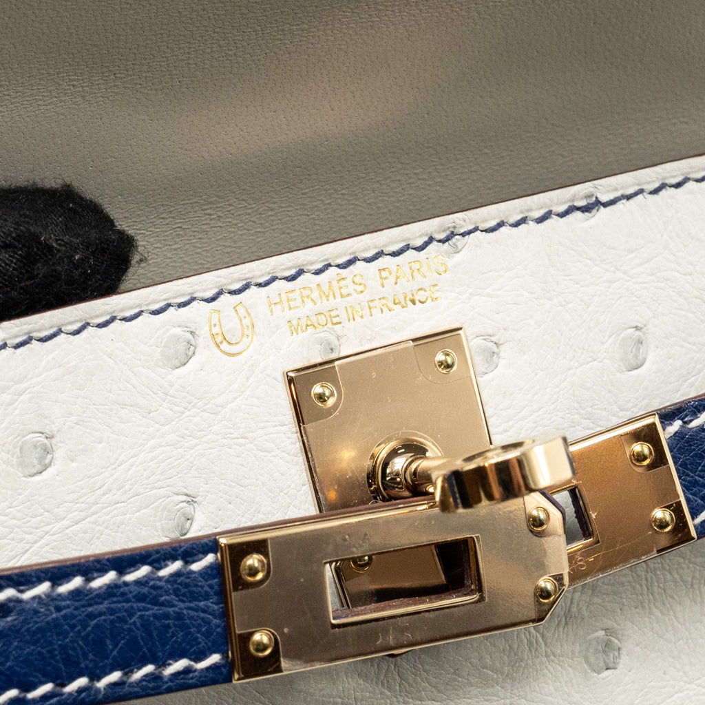 HERMES MINI KELLY SPECIAL ORDER OSTRICH GRIS PERLE/BLUE IRIS LGHW
