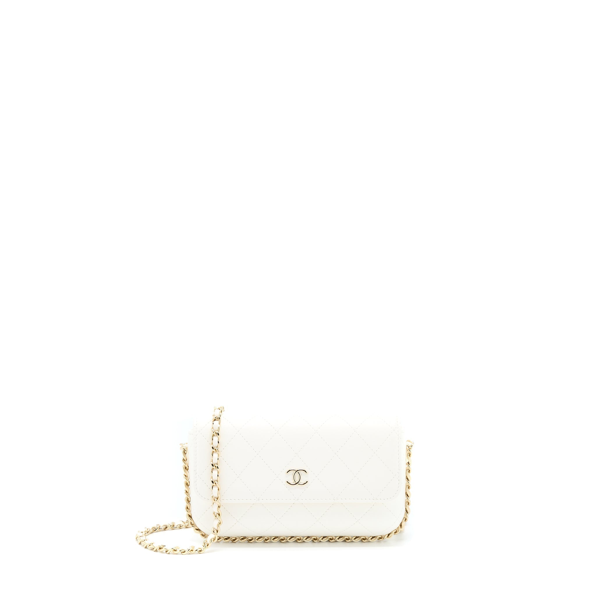 CHANEL RECTANGULAR MINI FLAP PHONE CASE BAG QUILTED LAMBSKIN WHITE LGHW (MICROCHIP)