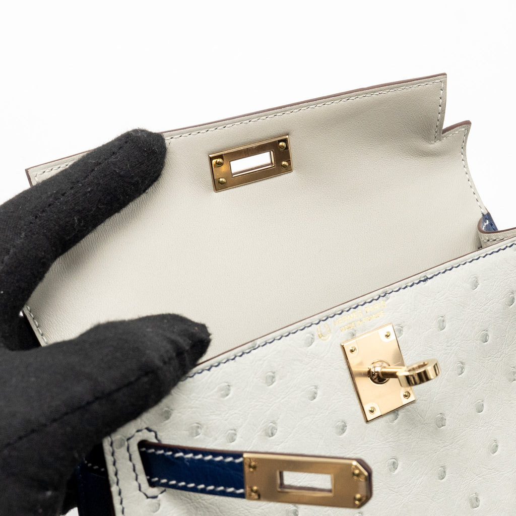 HERMES MINI KELLY SPECIAL ORDER OSTRICH GRIS PERLE/BLUE IRIS LGHW