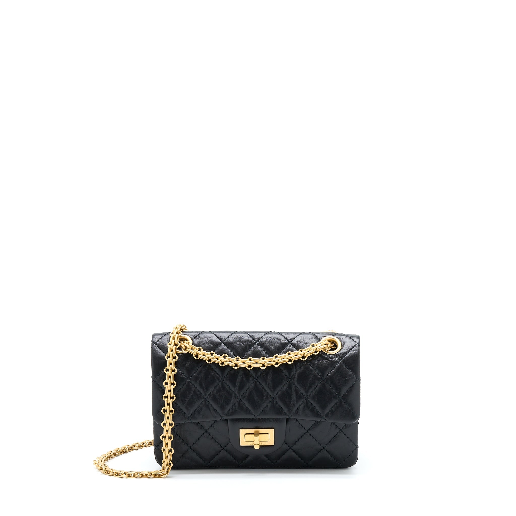 CHANEL MINI 2.55 REISSUE FLAP BAG AGED CALFSKIN BLACK BRUSHED GHW (MICROCHIP)