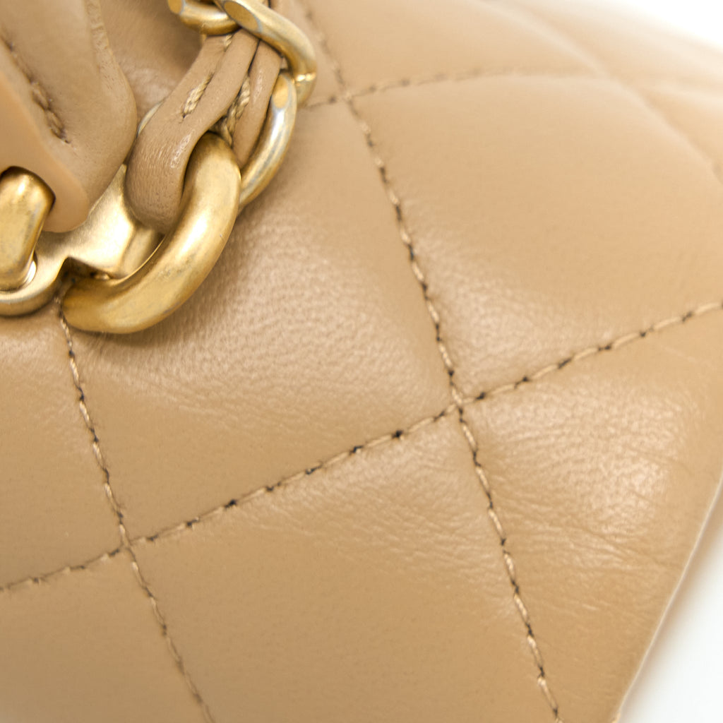 CHANEL 22B DETAIL TOP HANDLE MINI RECTANGULAR LAMBSKIN NJ528 DARK BEIGE BRUSHED GHW