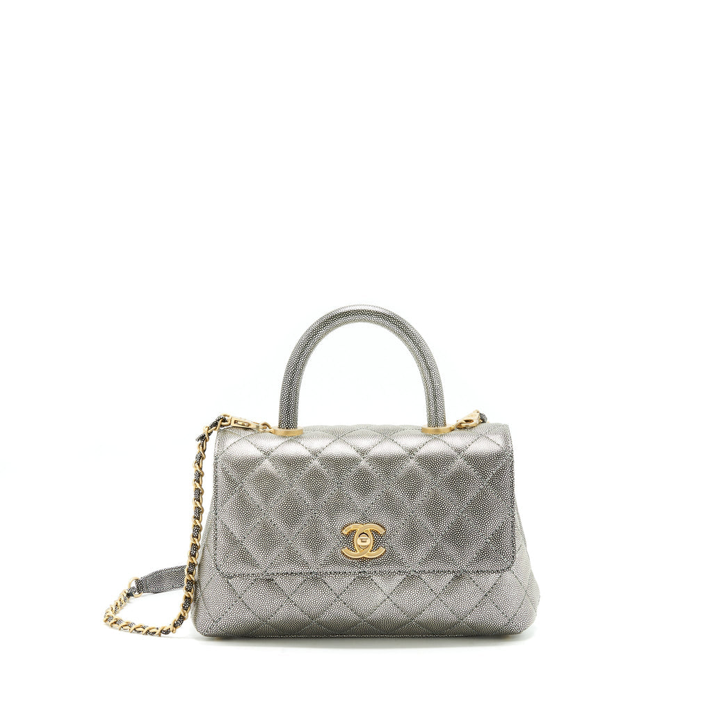 CHANEL SMALL COCO HANDLE 24CM CAVIAR METALLIC SILVER GHW