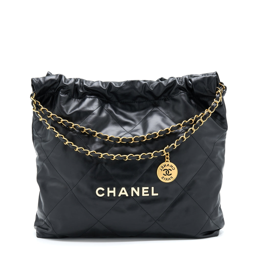 CHANEL 22 BAG MEDIUM SHINY CALFSKIN BLACK GHW (MICROCHIP)
