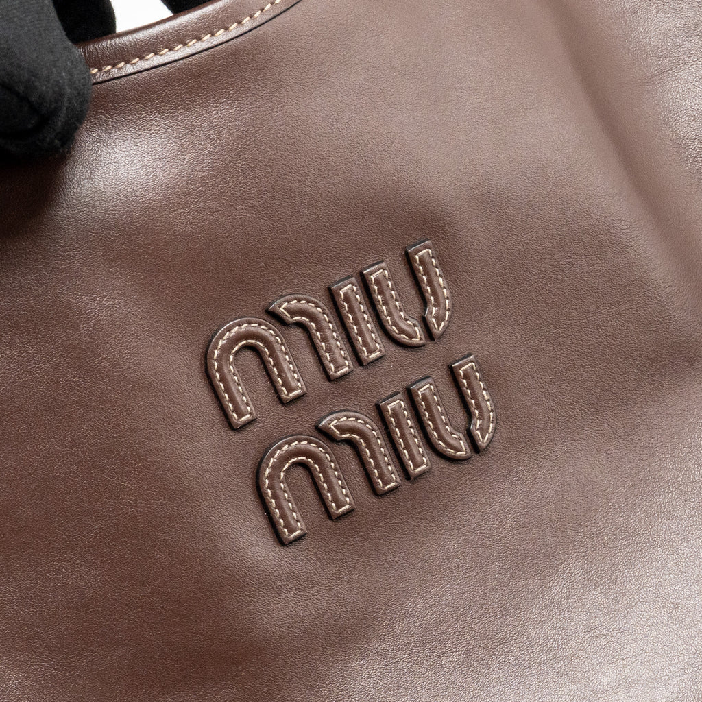 MIU MIU IVY LEATHER TOTE BAG CALFSKIN DARK BROWN GHW