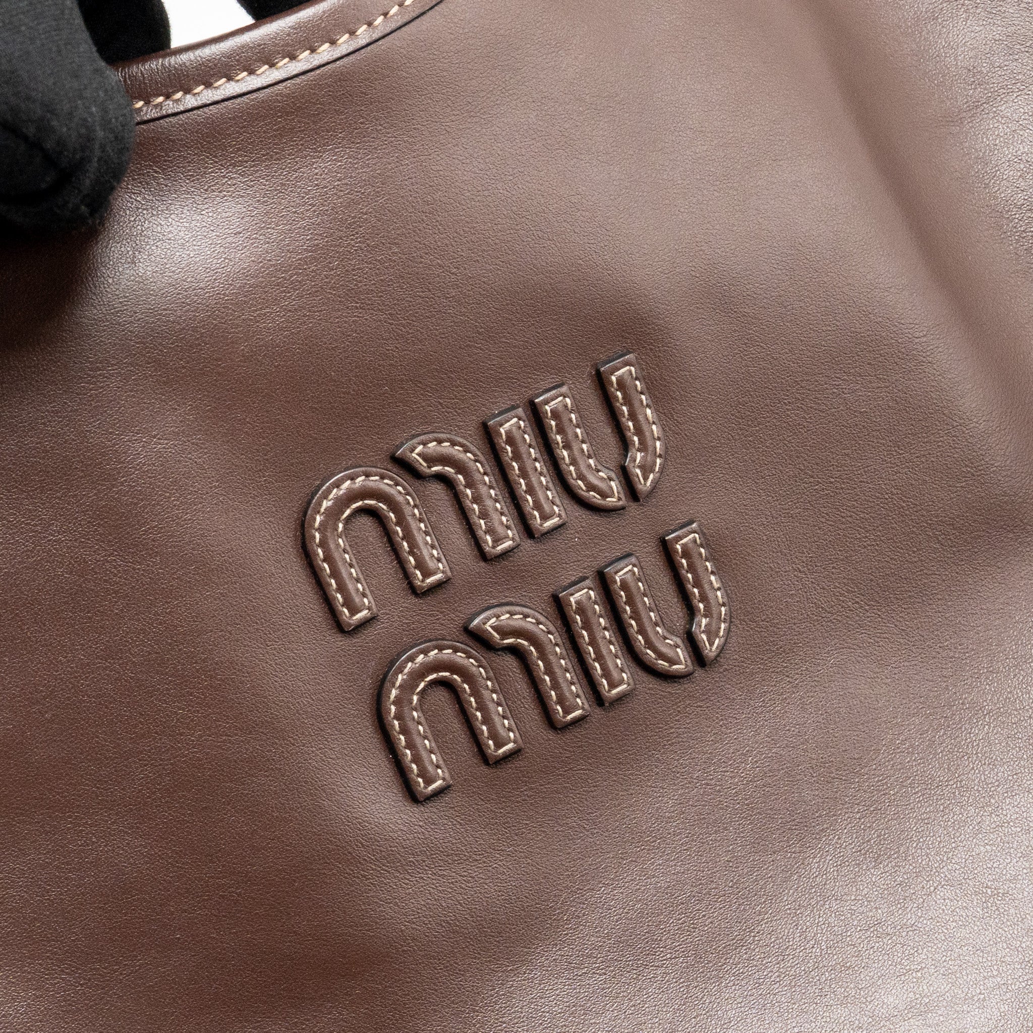 MIU MIU IVY LEATHER TOTE BAG CALFSKIN DARK BROWN GHW