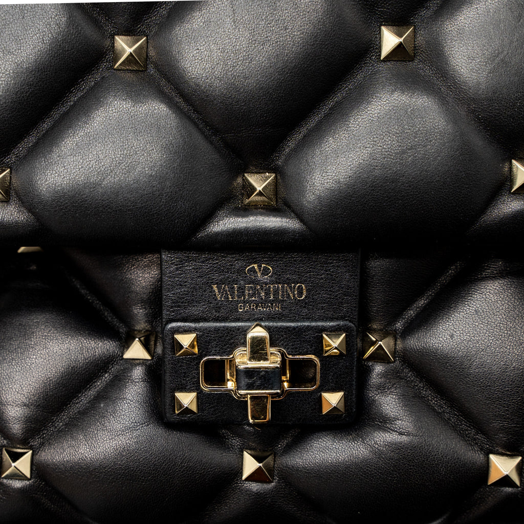 VALENTINO TOP HANDLE QUILTED CANDYSTUD FLAP BAG LAMBSKIN BLACK LGHW