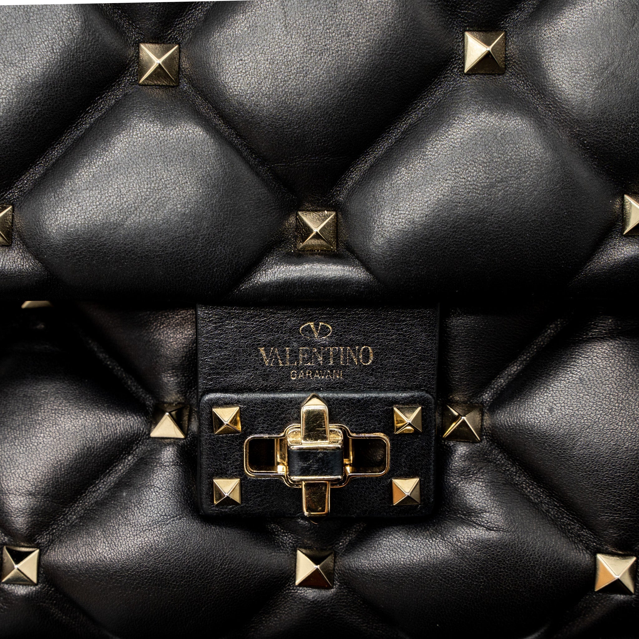VALENTINO TOP HANDLE QUILTED CANDYSTUD FLAP BAG LAMBSKIN BLACK LGHW