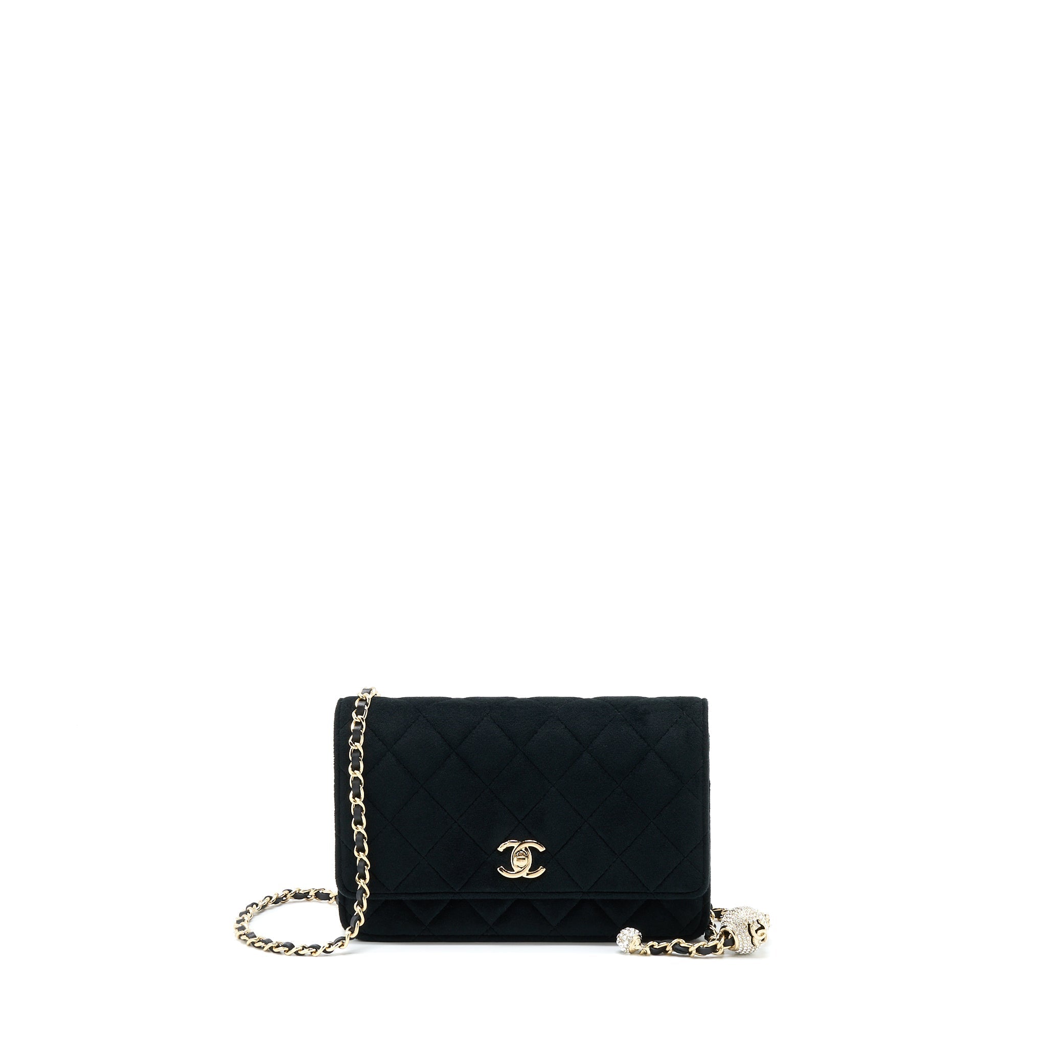 CHANEL VELVET PEARL CRUSH WALLET ON CHAIN BLACK LGHW