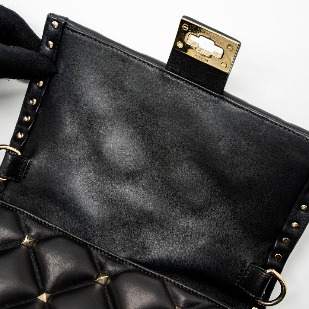 VALENTINO TOP HANDLE QUILTED CANDYSTUD FLAP BAG LAMBSKIN BLACK LGHW