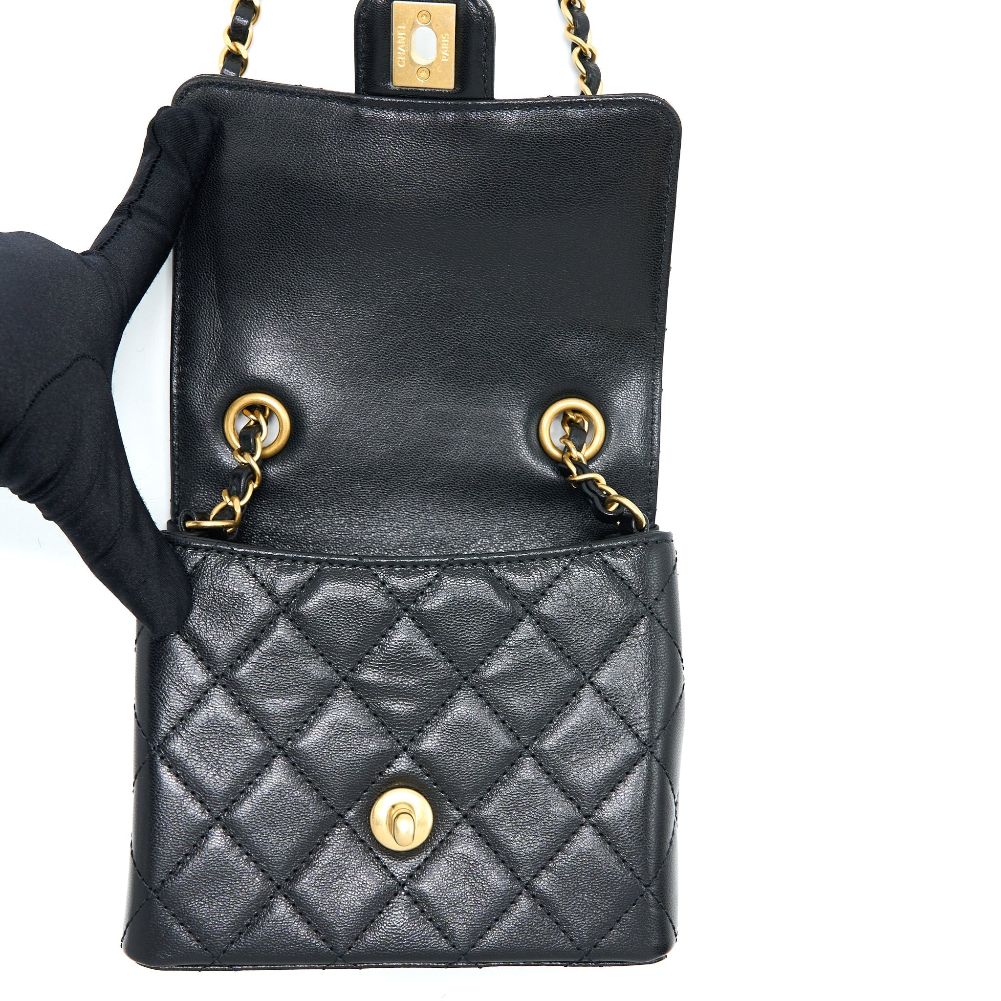 CHANEL 22K RETRO CLASSIC NEW SQUARE MINI FLAP BAG GOATSKIN BLACK GHW (MICROCHIP)