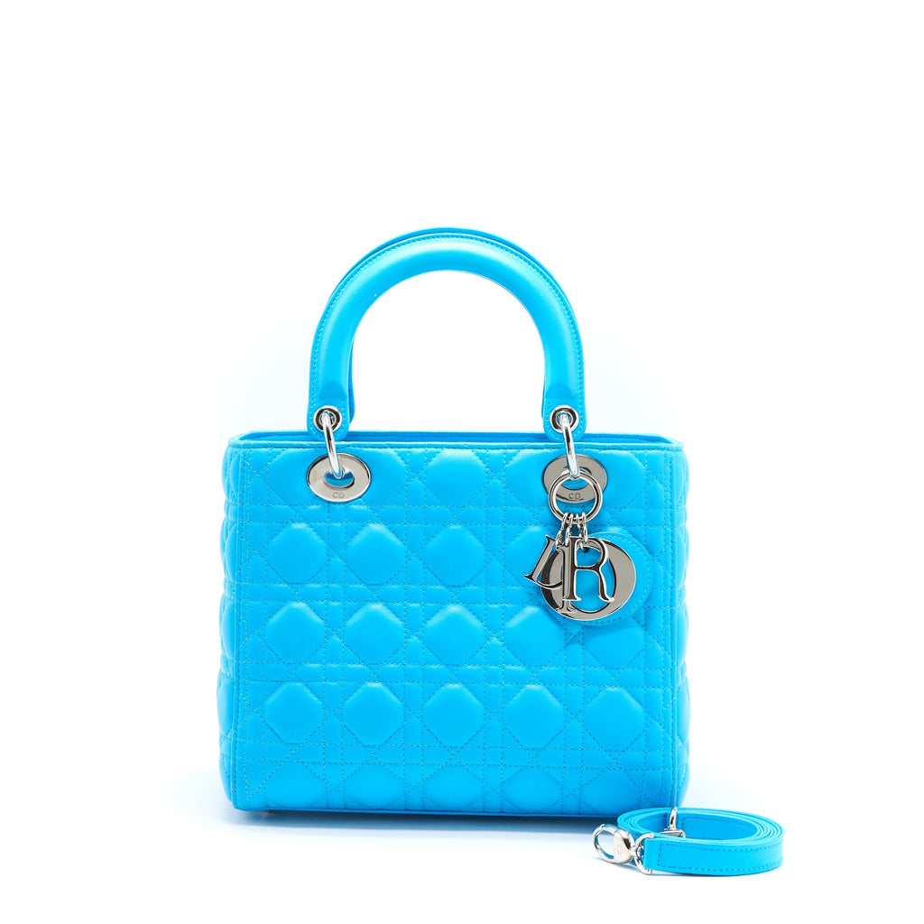 DIOR MEDIUM LADY DIOR LAMBSKIN LIGHT BLUE SHW