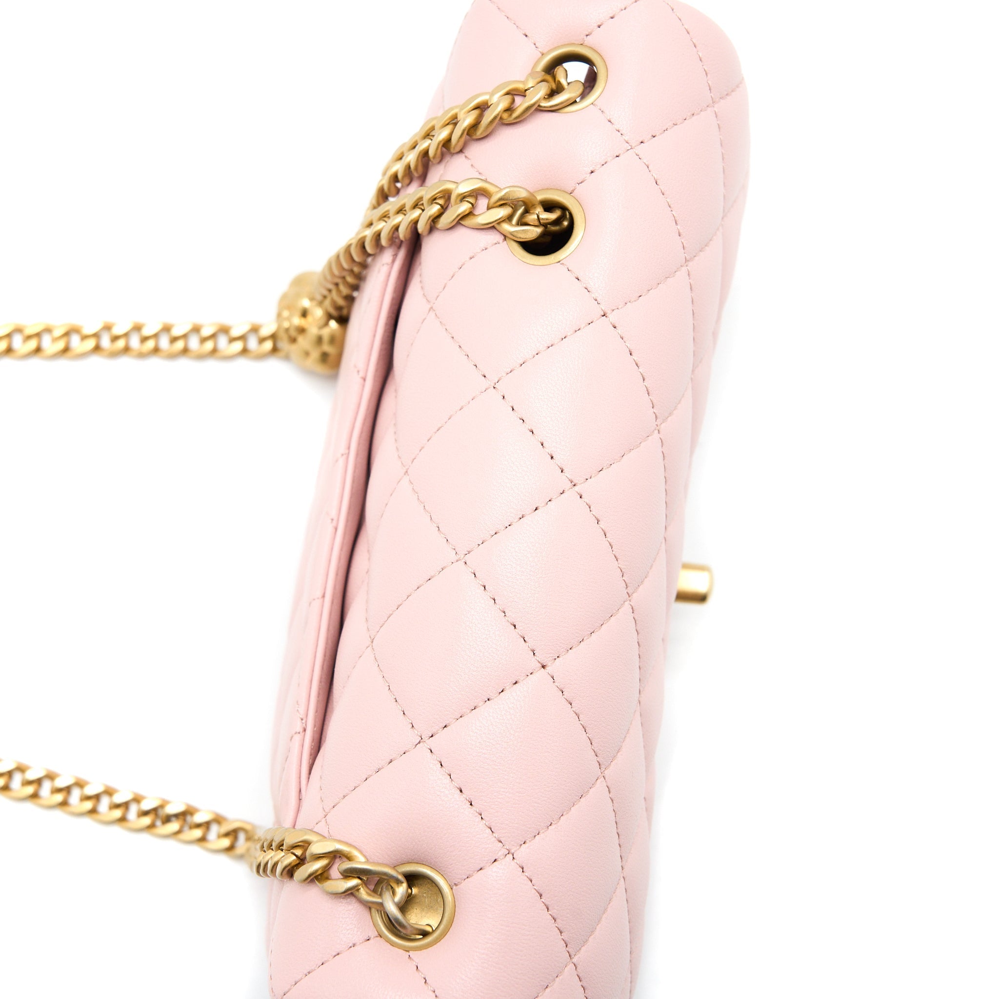 CHANEL 23S CAMELLIA CHAIN MINI RECTANGULAR FLAP BAG LAMBSKIN LIGHT PINK GHW (MICROCHIP)