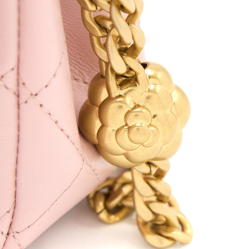 CHANEL 23S CAMELLIA CHAIN MINI RECTANGULAR FLAP BAG LAMBSKIN LIGHT PINK GHW (MICROCHIP)