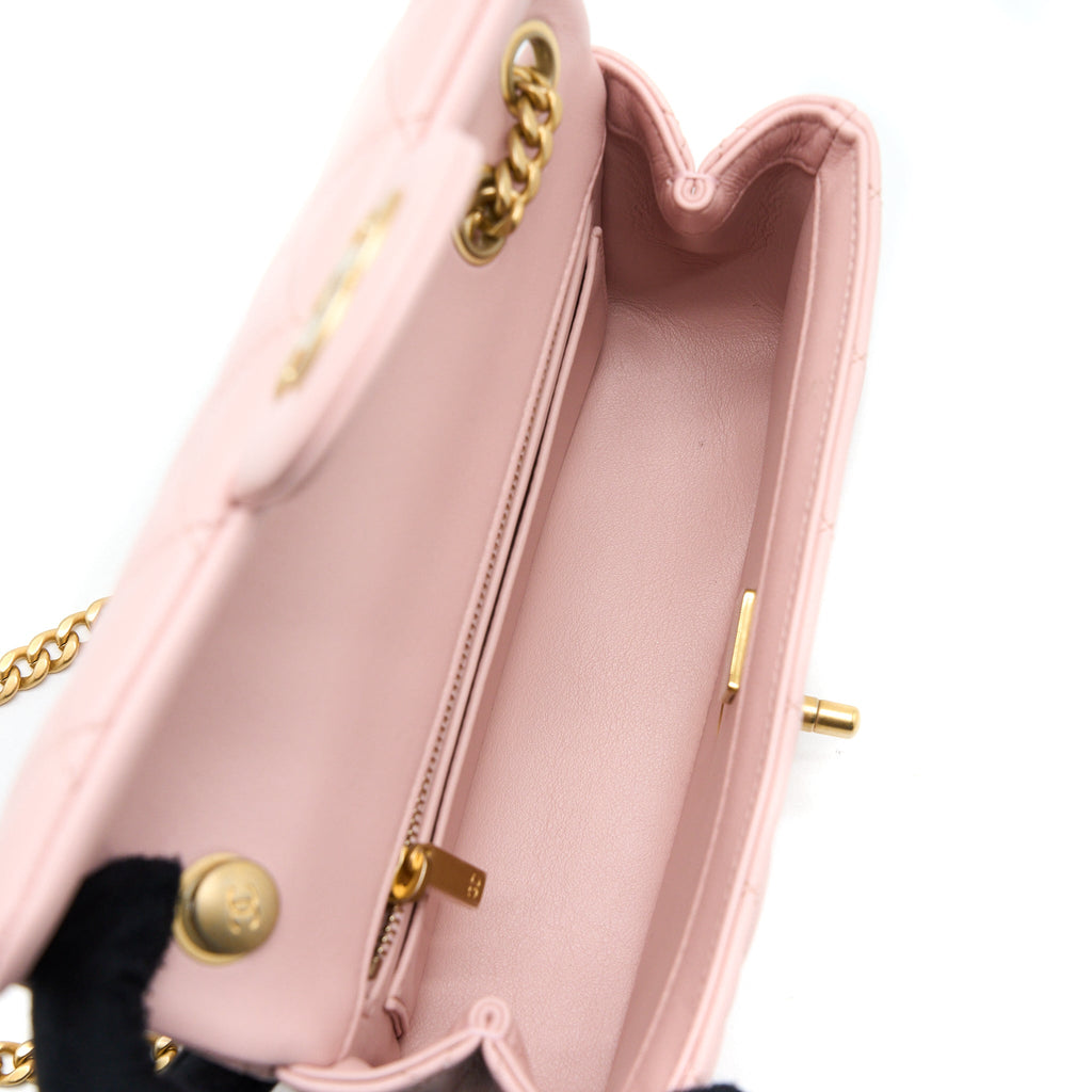 CHANEL 23S CAMELLIA CHAIN MINI RECTANGULAR FLAP BAG LAMBSKIN LIGHT PINK GHW (MICROCHIP)