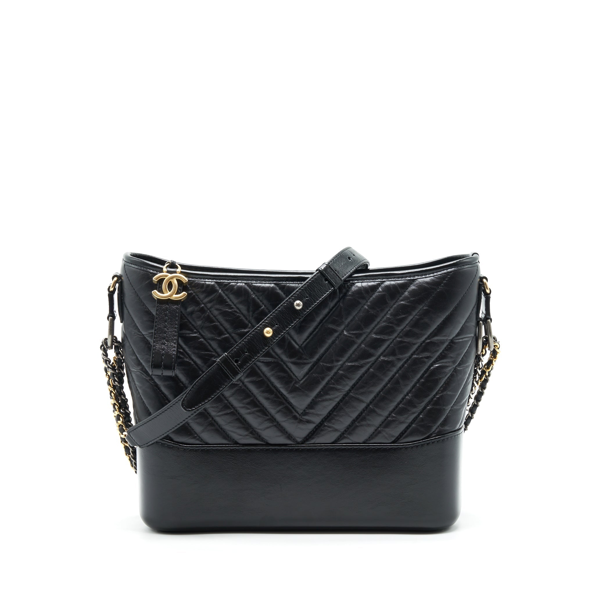 CHANEL LARGE GABRIELLE HOBO BAG CHEVRON CALFSKIN BLACK WITH GOLD/SLIVER HARDWARE