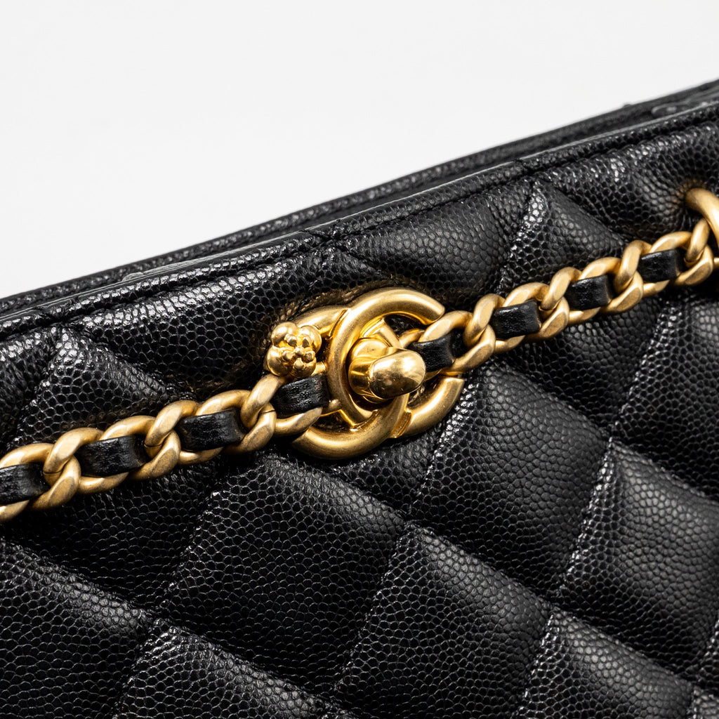 CHANEL CC CAMELLIA SMALL SHOPPING BAG CAVIAR BLACK GHW (MICROCHIP)