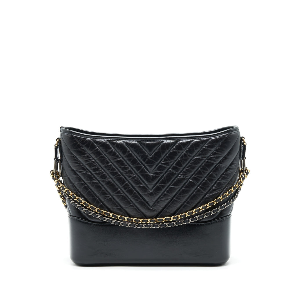 CHANEL LARGE GABRIELLE HOBO BAG CHEVRON CALFSKIN BLACK WITH GOLD/SLIVER HARDWARE
