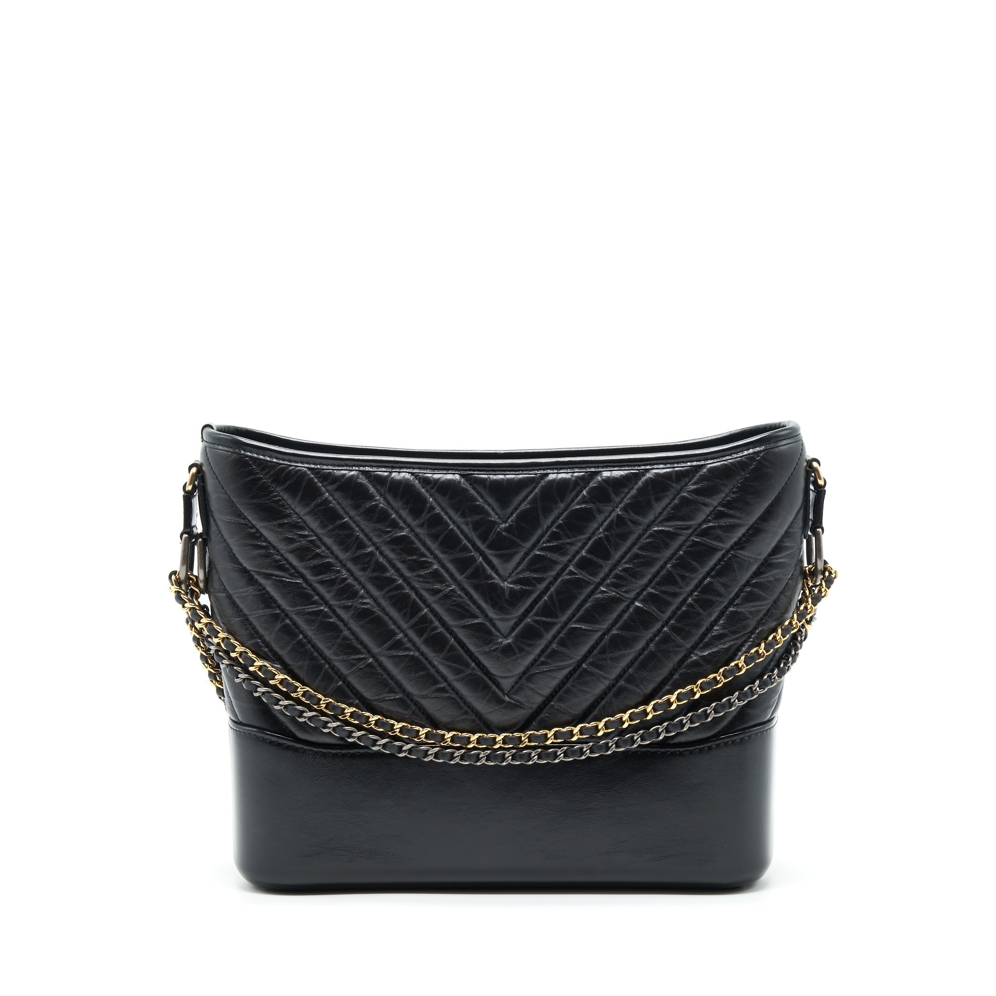 CHANEL LARGE GABRIELLE HOBO BAG CHEVRON CALFSKIN BLACK WITH GOLD/SLIVER HARDWARE