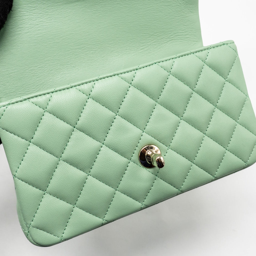 CHANEL 23P TOP HANDLE MINI RECTANGULAR LAMBSKIN LIGHT GREEN LGHW (MICROCHIP)