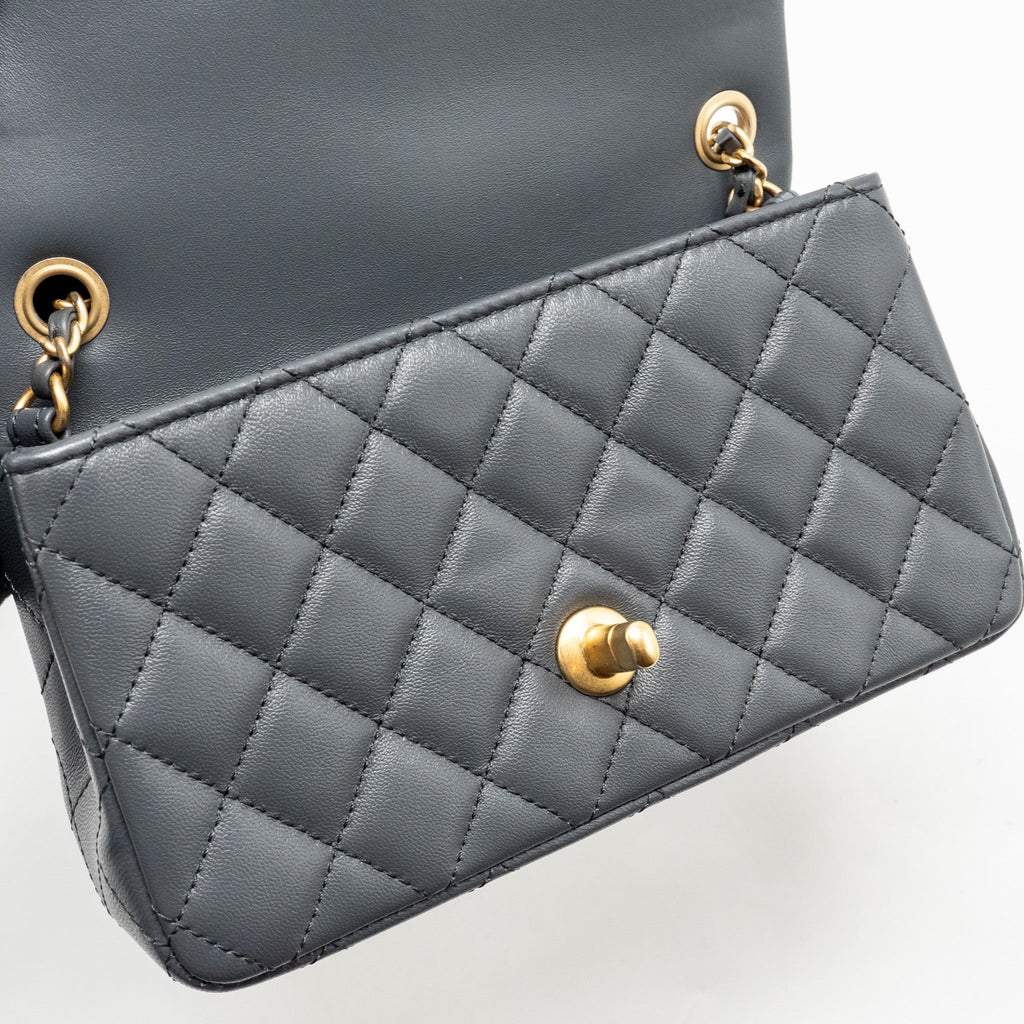 CHANEL 23K PEARL CRUSH MINI RECTANGULAR FLAP BAG DARK GREY GHW (MICROCHIP)
