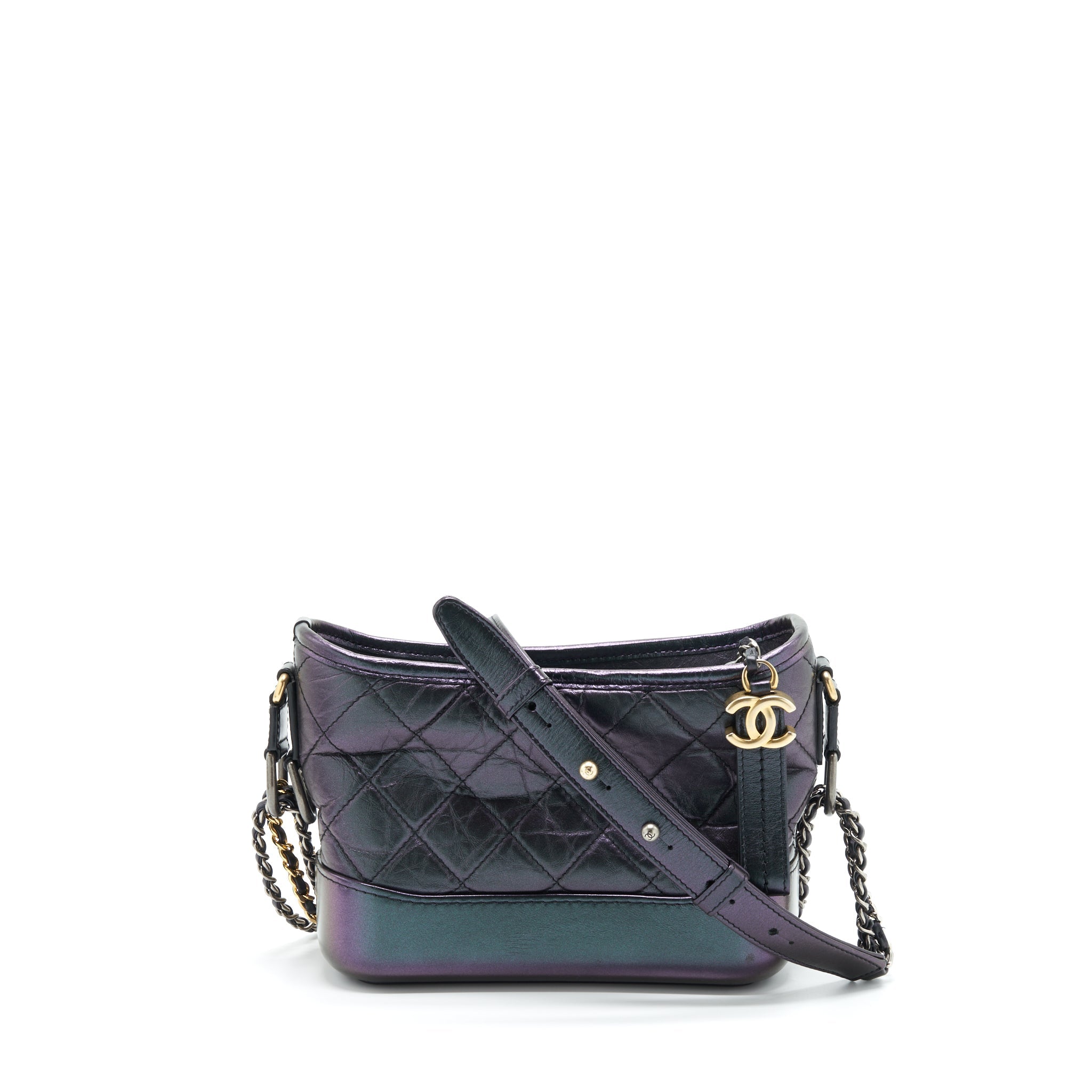 CHANEL SMALL GABRIELLE HOBO BAG LAMBSKIN IRIDESCENT PURPLE WITH GOLD/SILVER HARDWARE