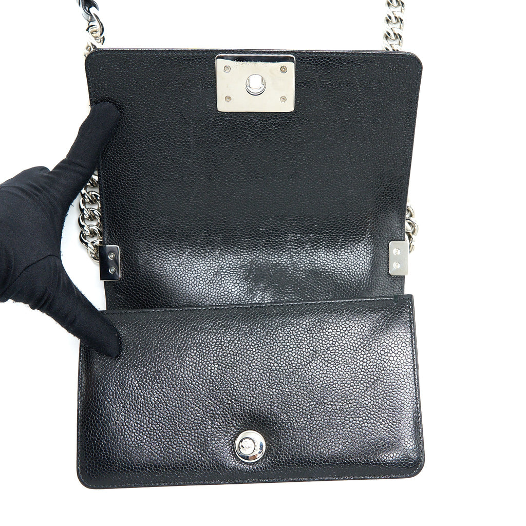 CHANEL SMALL CHEVRON BOY BAG SHINY GRAINED CALFSKIN BLACK SHW