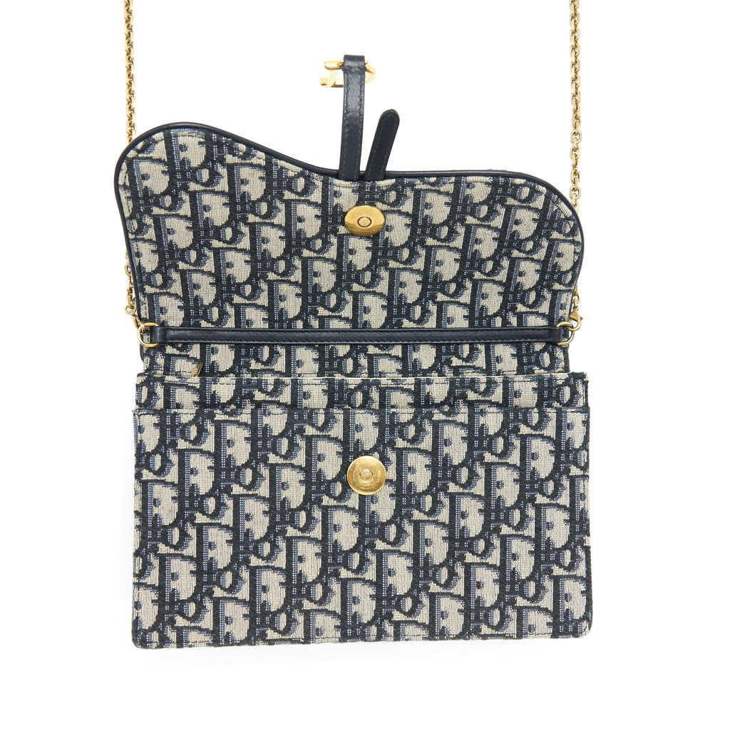 DIOR SADDLE POUCH WITH CHAIN BLUE DIOR OBLIQUE JACQUARD GHW