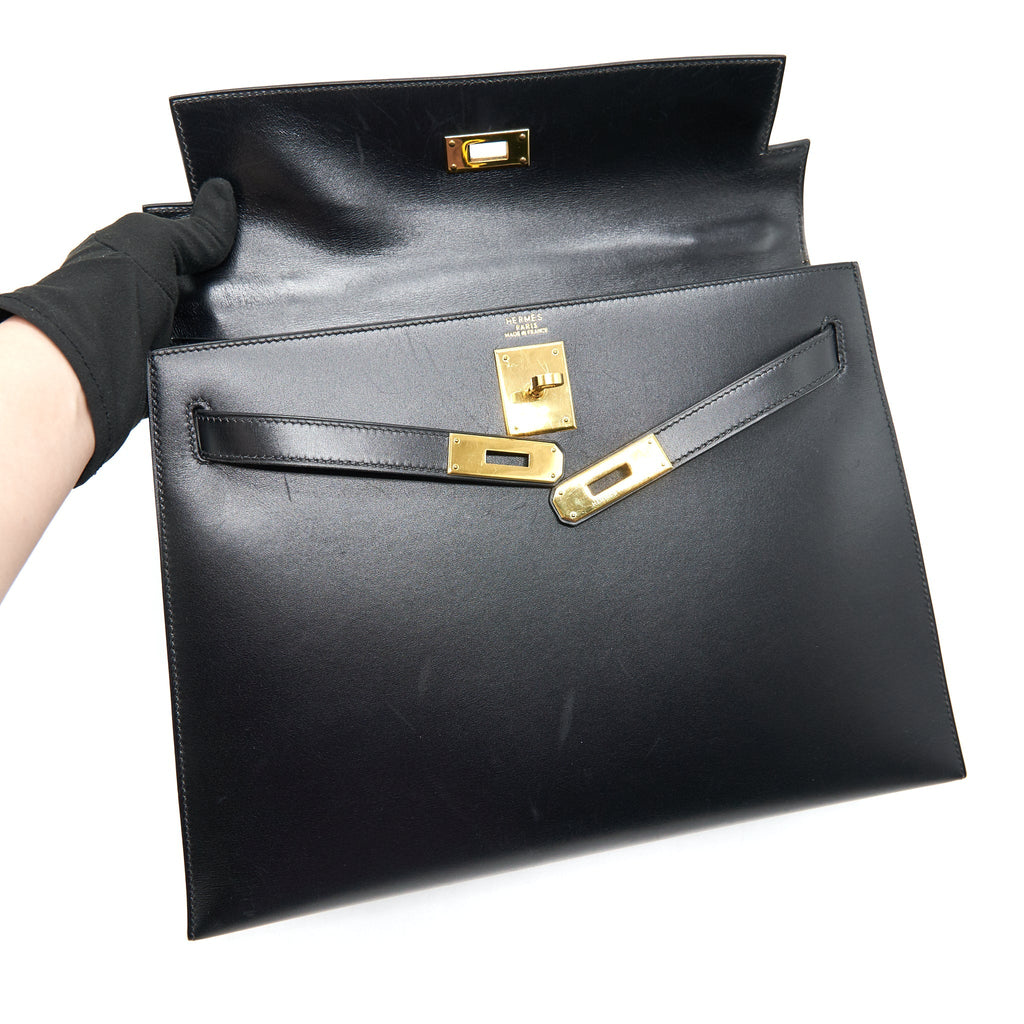 HERMES KELLY32 BOX LEATHER BLACK GHW (SHOULDER STAP MISSING)