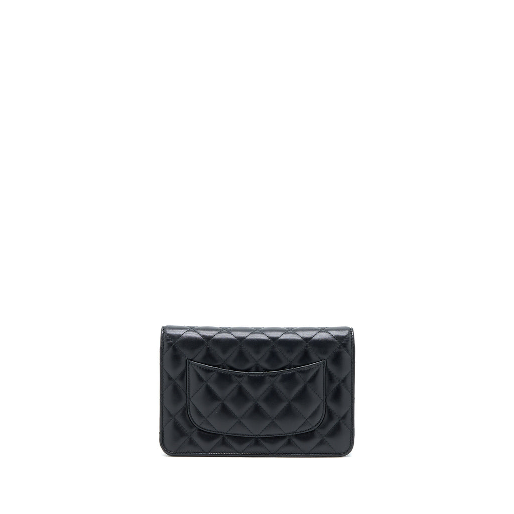 CHANEL QUILTED WALLET ON CHAIN WITH CAMELLIA CHAIN LAMBSKIN BLACK LGHW