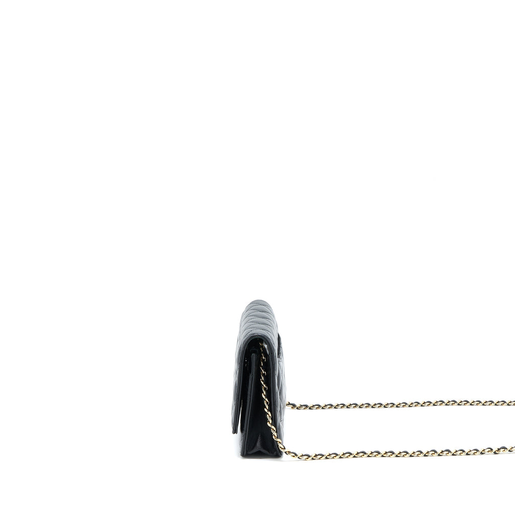 CHANEL QUILTED WALLET ON CHAIN WITH CAMELLIA CHAIN LAMBSKIN BLACK LGHW