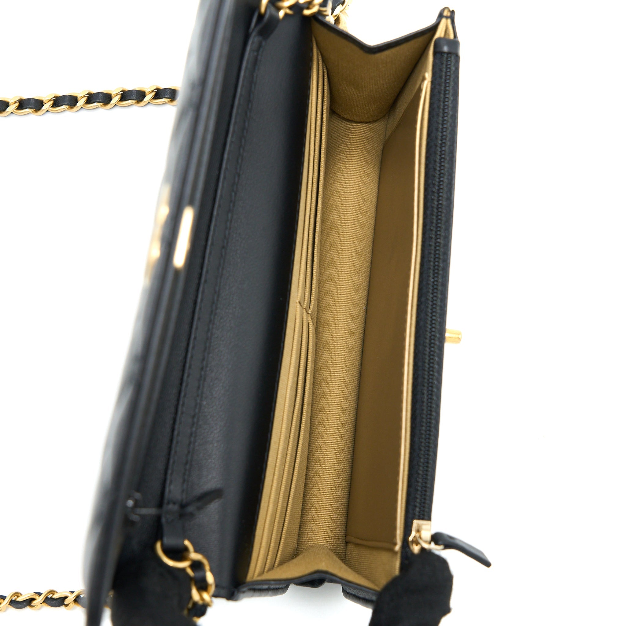 CHANEL PEARL CRUSH WALLET ON CHAIN LAMBSKIN BLACK BRUSHED GHW (MICROCHIP)