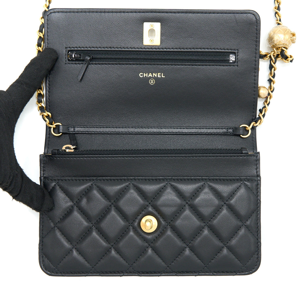 CHANEL PEARL CRUSH WALLET ON CHAIN LAMBSKIN BLACK BRUSHED GHW (MICROCHIP)