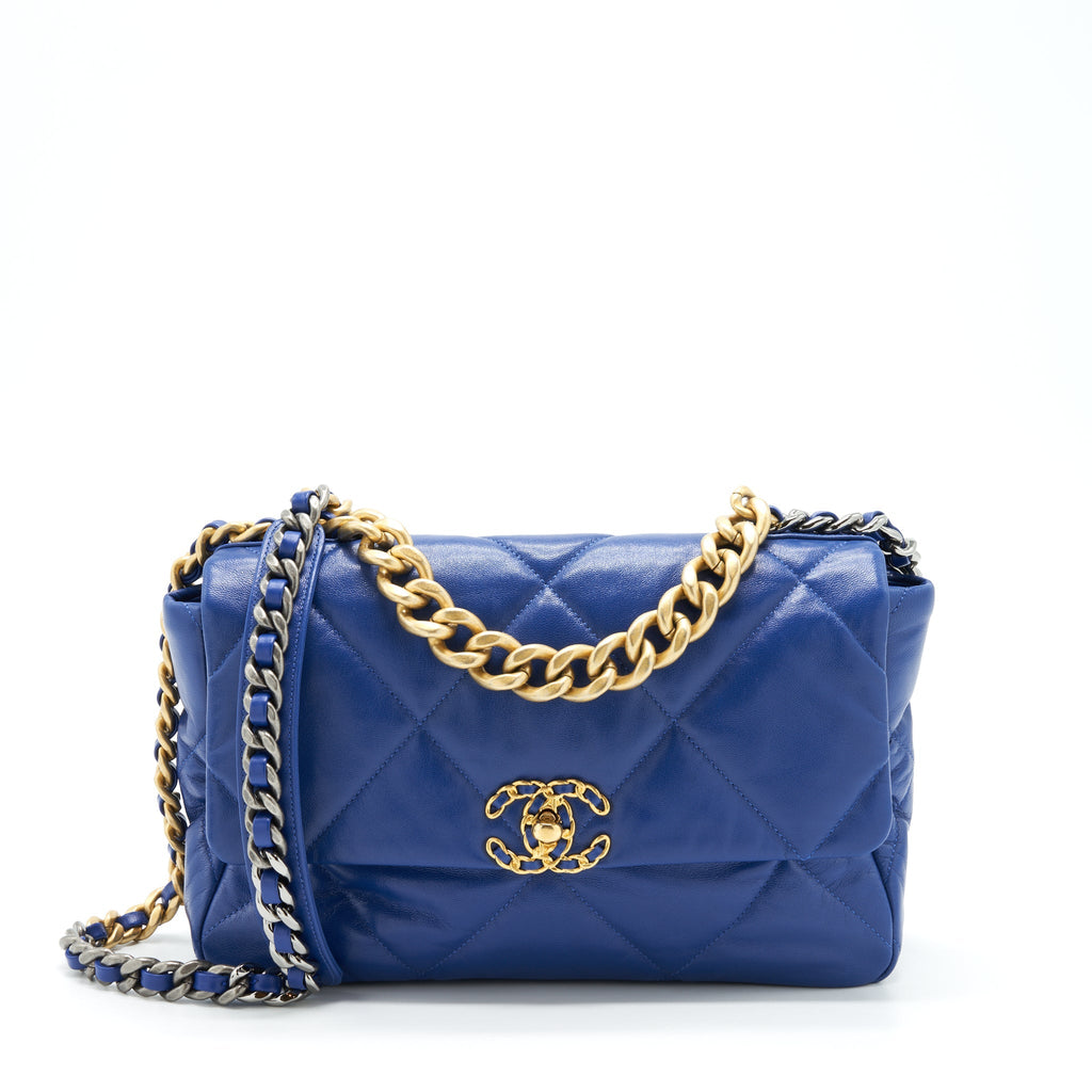 CHANEL MEDIUM 19 BAG GOATSKIN BLUE GOLD/SILVER HARDWARE