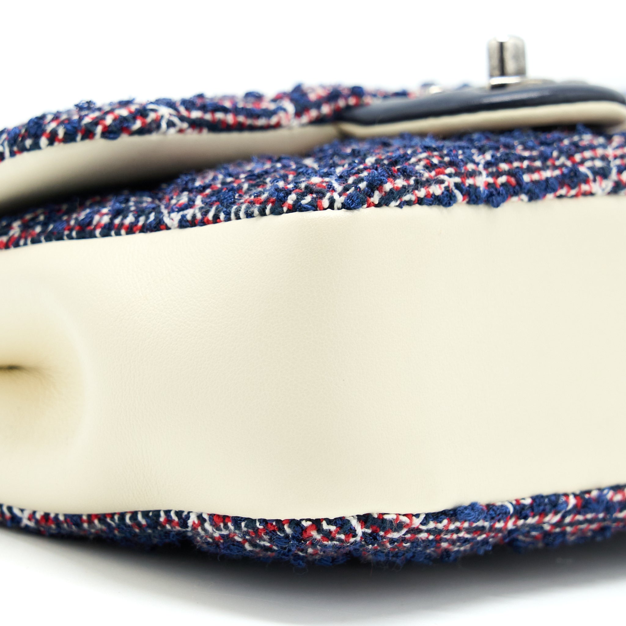 CHANEL SEASONAL MINI RECTANGULAR FLAP BAG TWEED BLUE/ RED/ WHITE RUTHENIUM HARDWARE