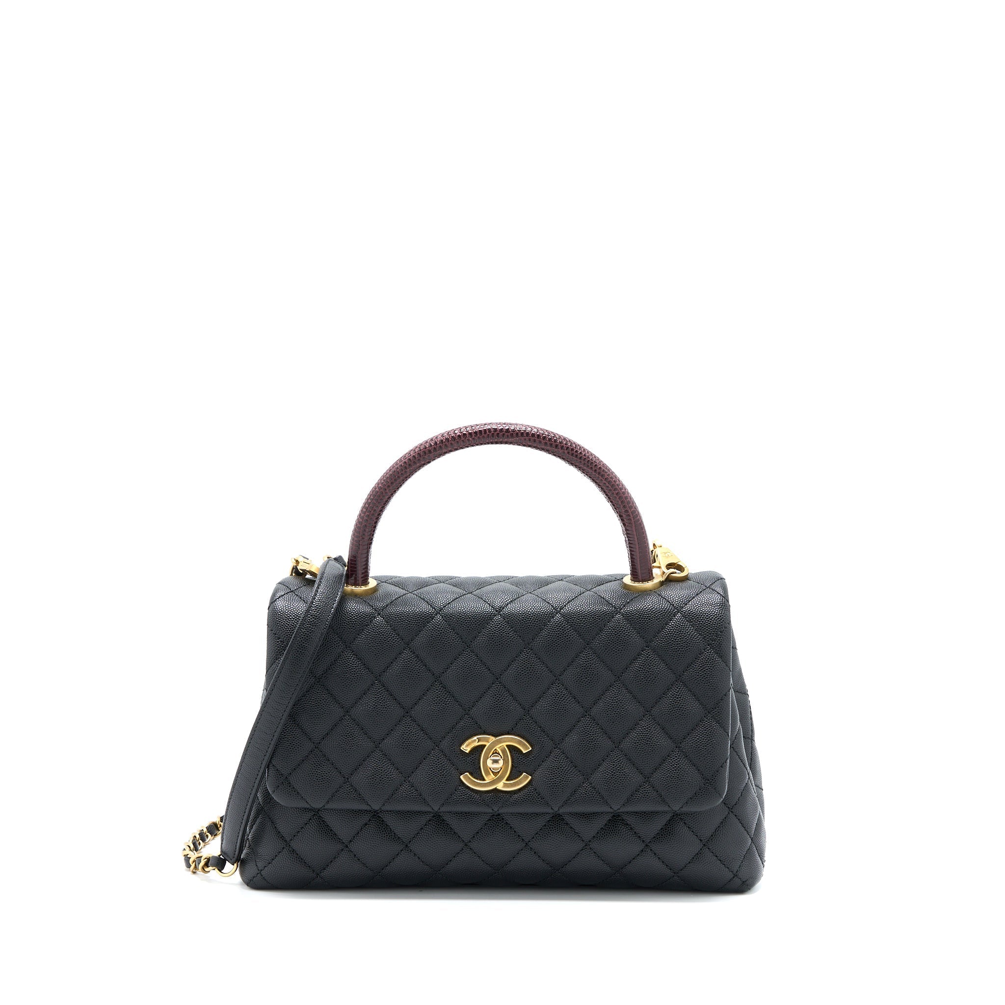 CHANEL MEDIUM COCO HANDLE CAVIAR WITH LIZARD HANDLE BLACK BRUSHED GHW