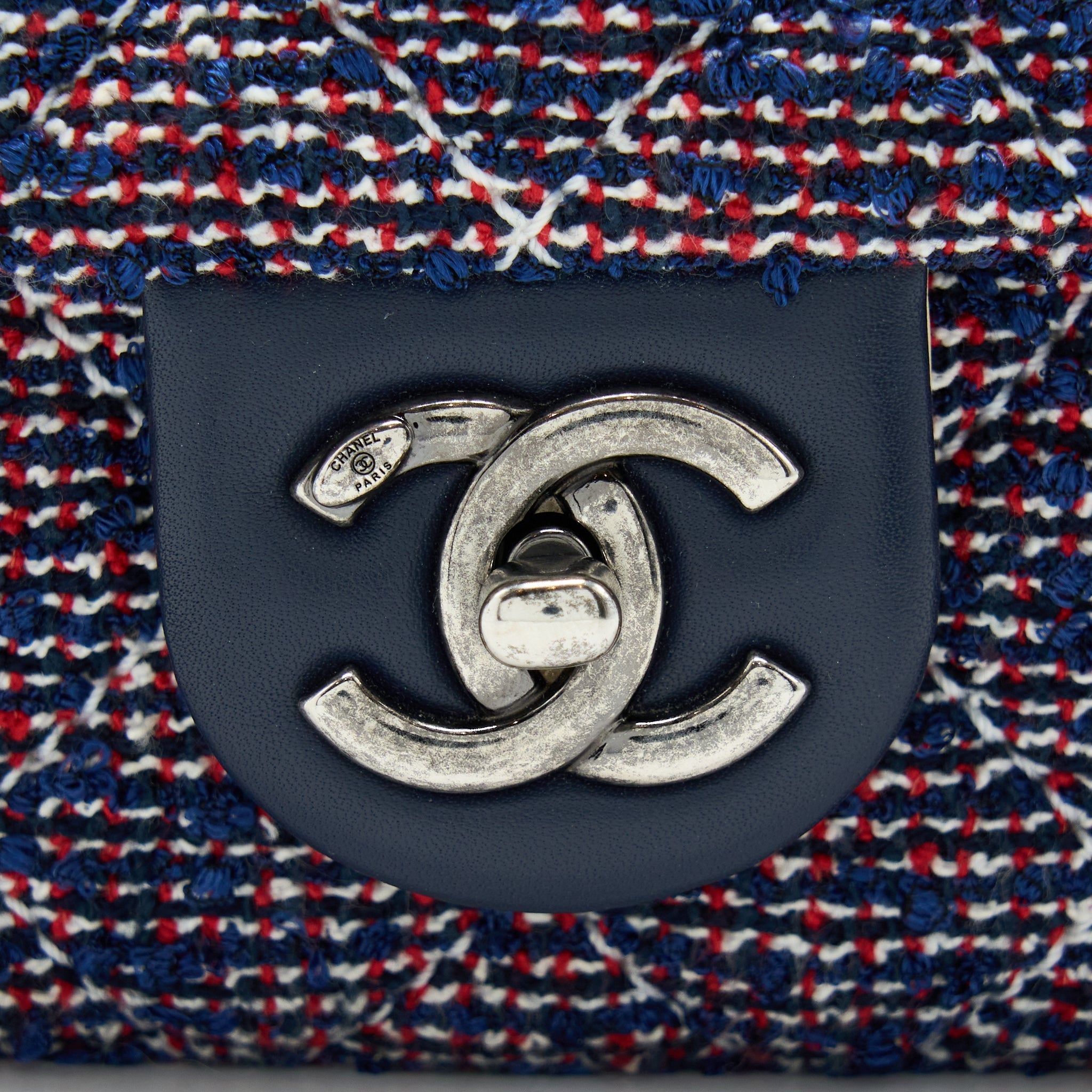CHANEL SEASONAL MINI RECTANGULAR FLAP BAG TWEED BLUE/ RED/ WHITE RUTHENIUM HARDWARE