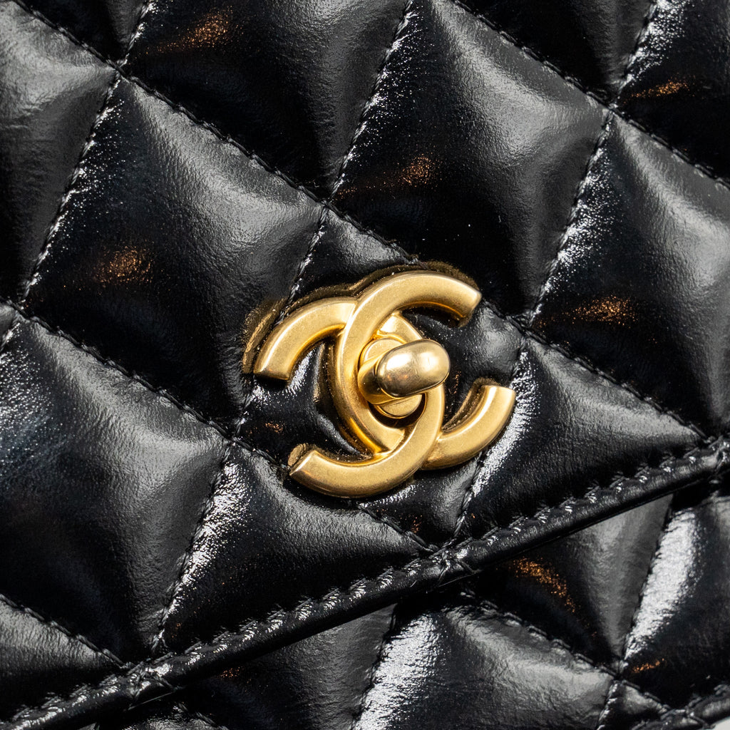 CHANEL 24A DETAILED CHAIN WALLET ON CHAIN SHINY CALFSKIN BLACK GHW (MICROCHIP）