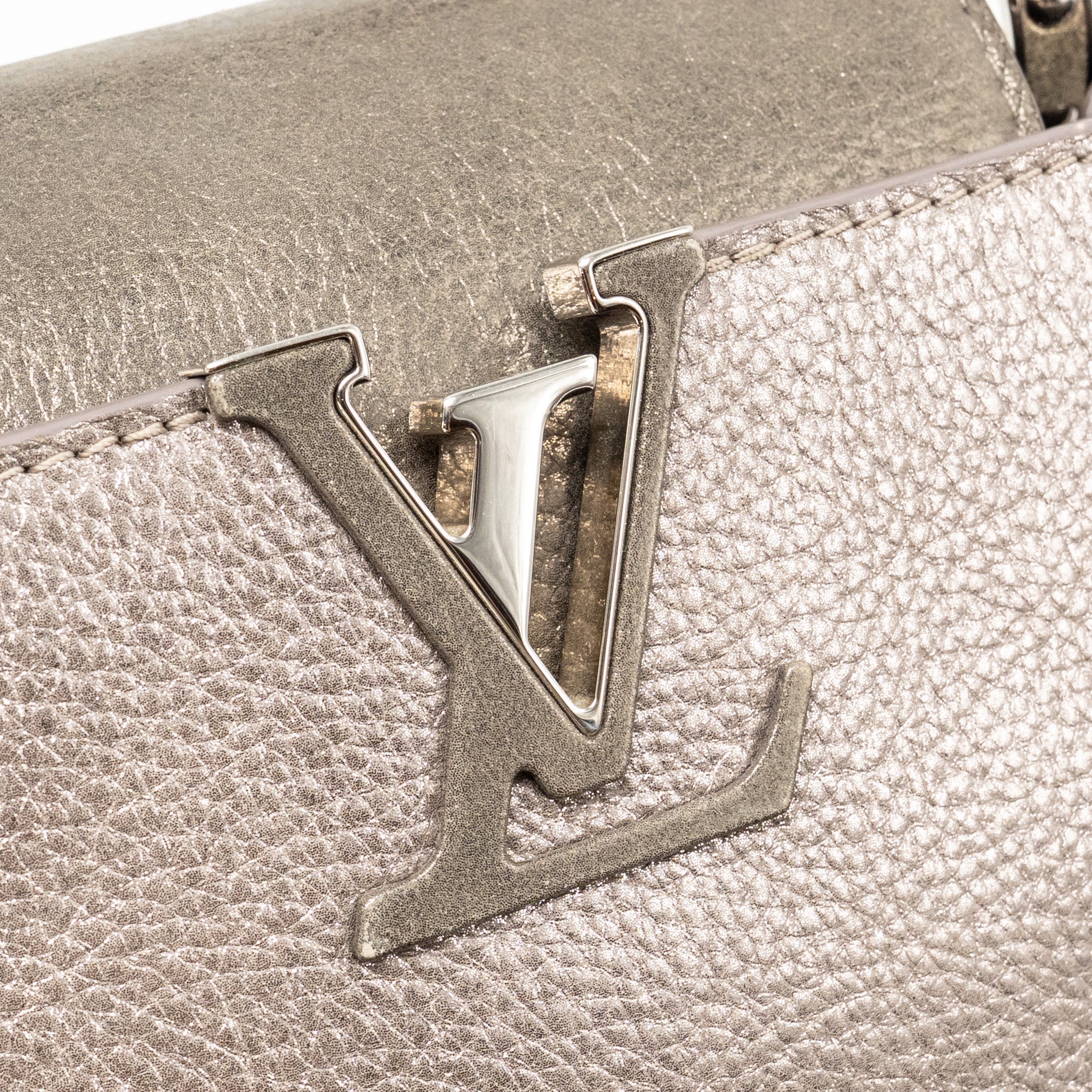 LOUIS VUITTON CAPUCINES BB LEATHER METALLIC SILVER SHW